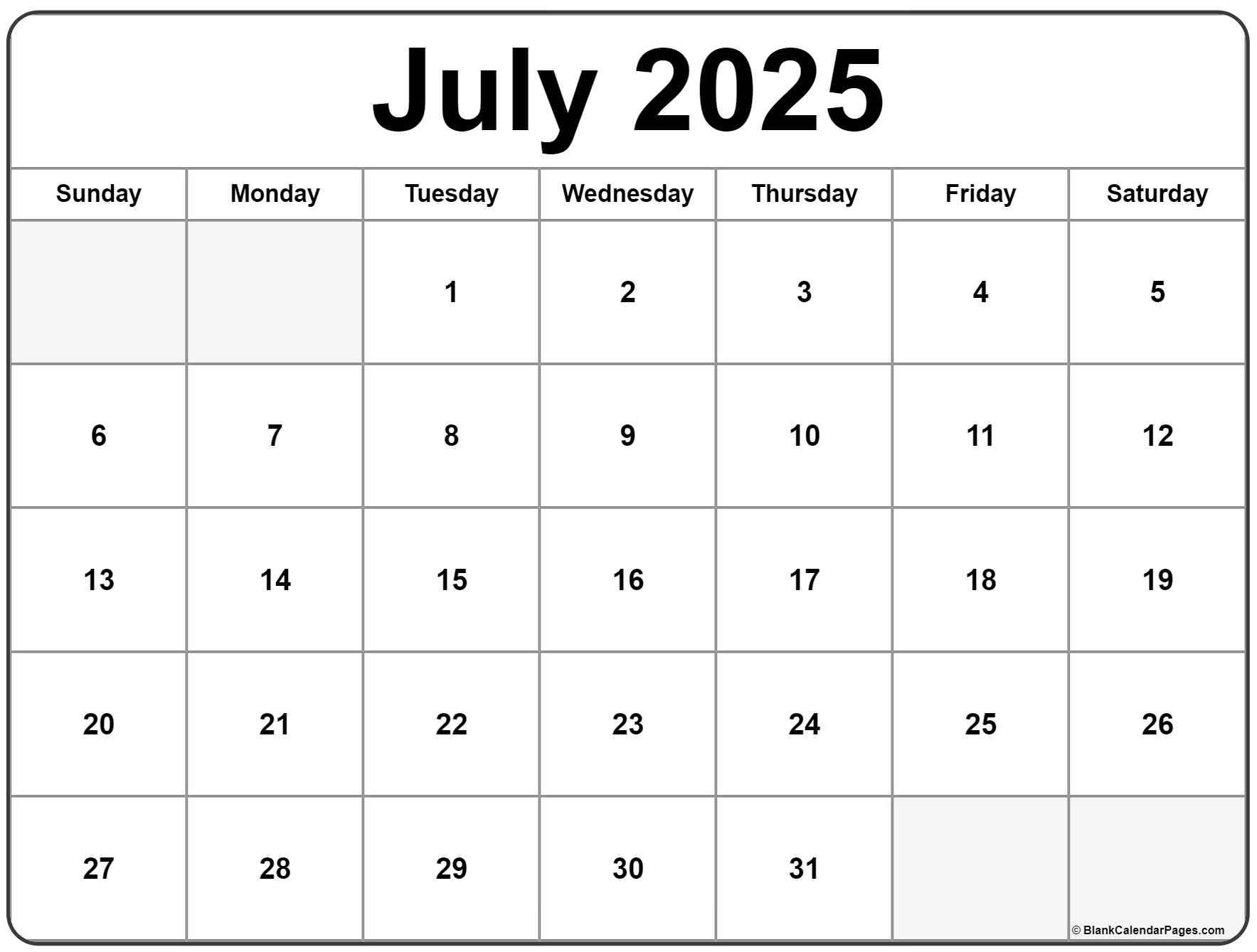 Free Calendar 2025 July 2025