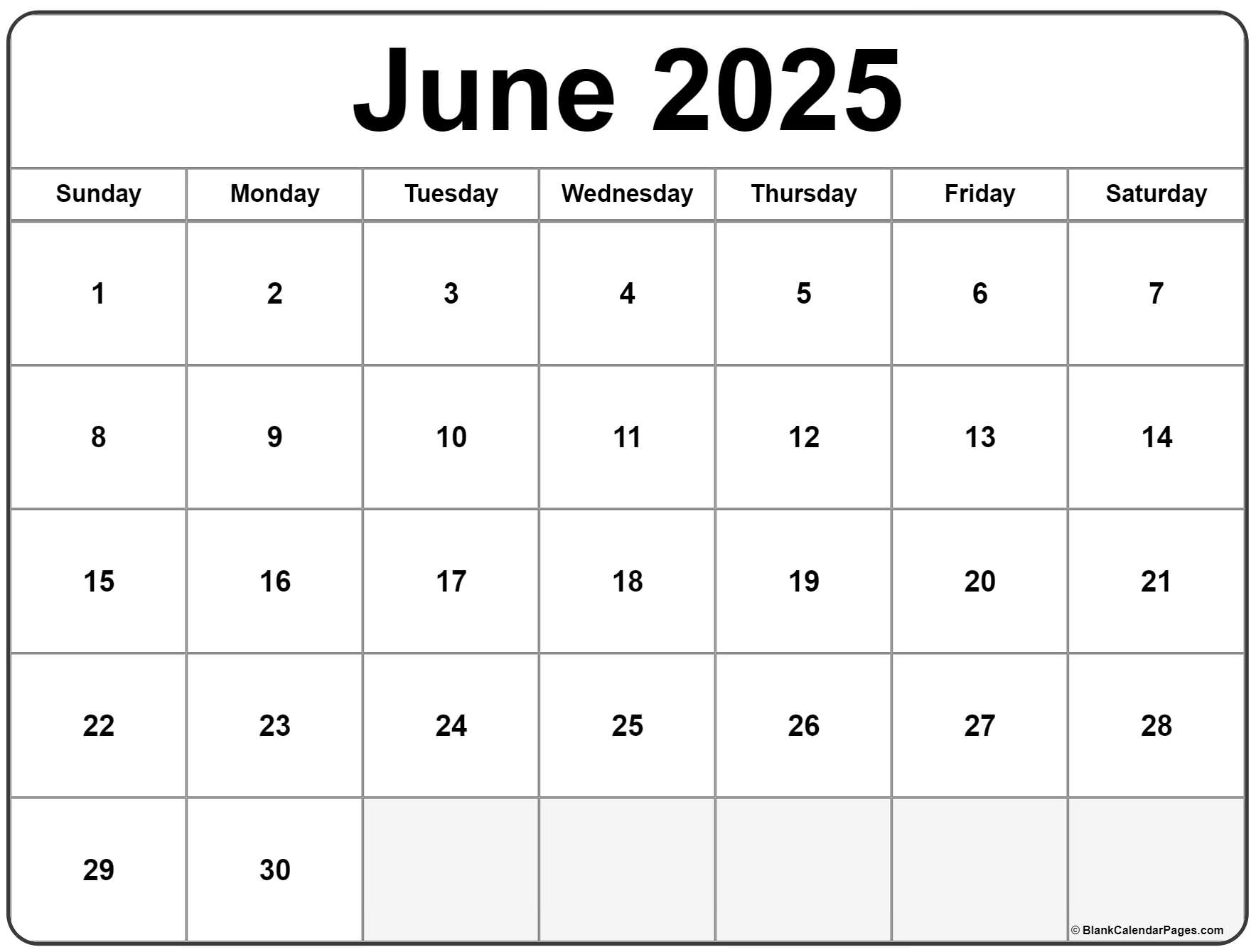 Calendar 2025 Empty June 