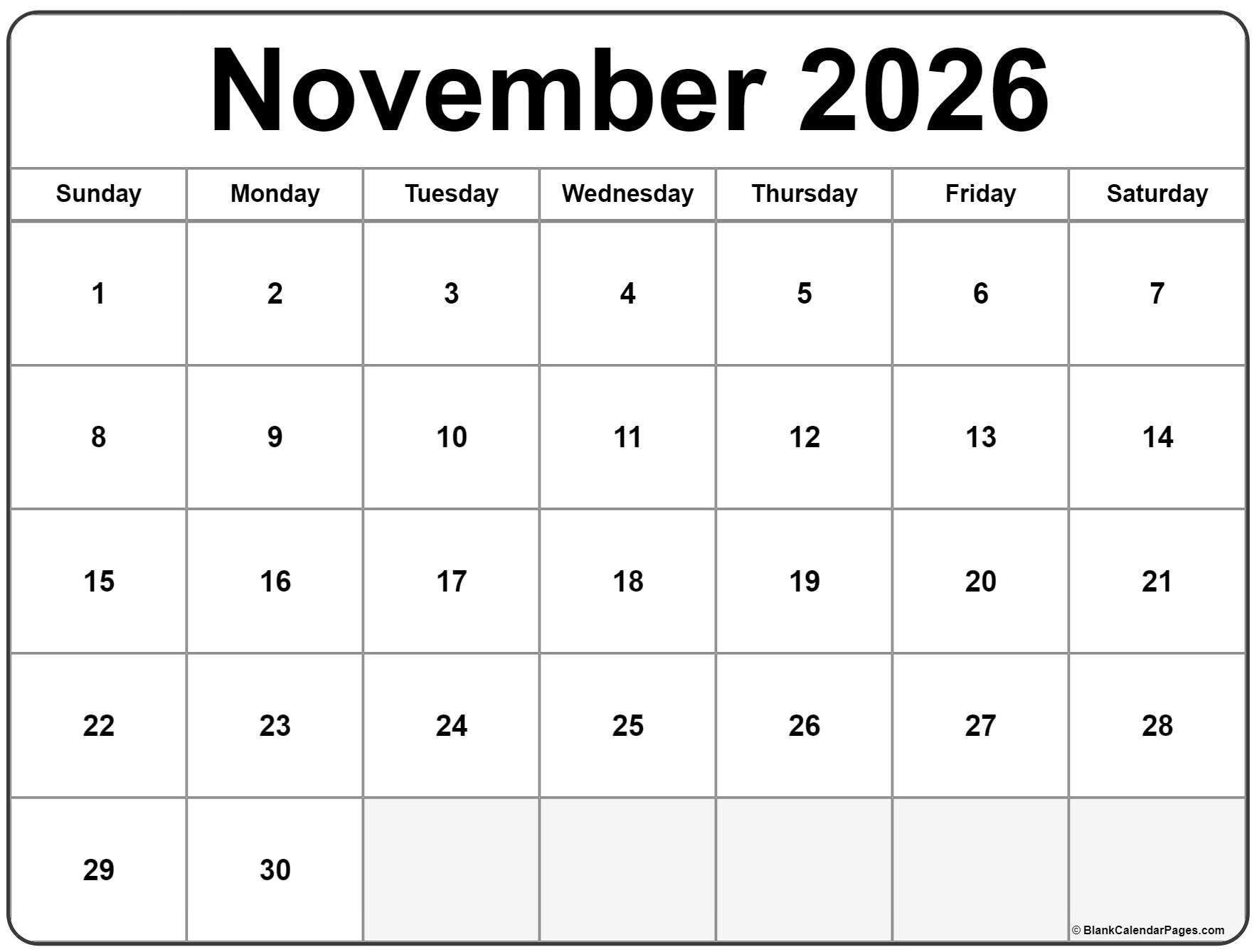 November 2026 Calendar Desktop Printable November 2026 Calendar Desktop Printable