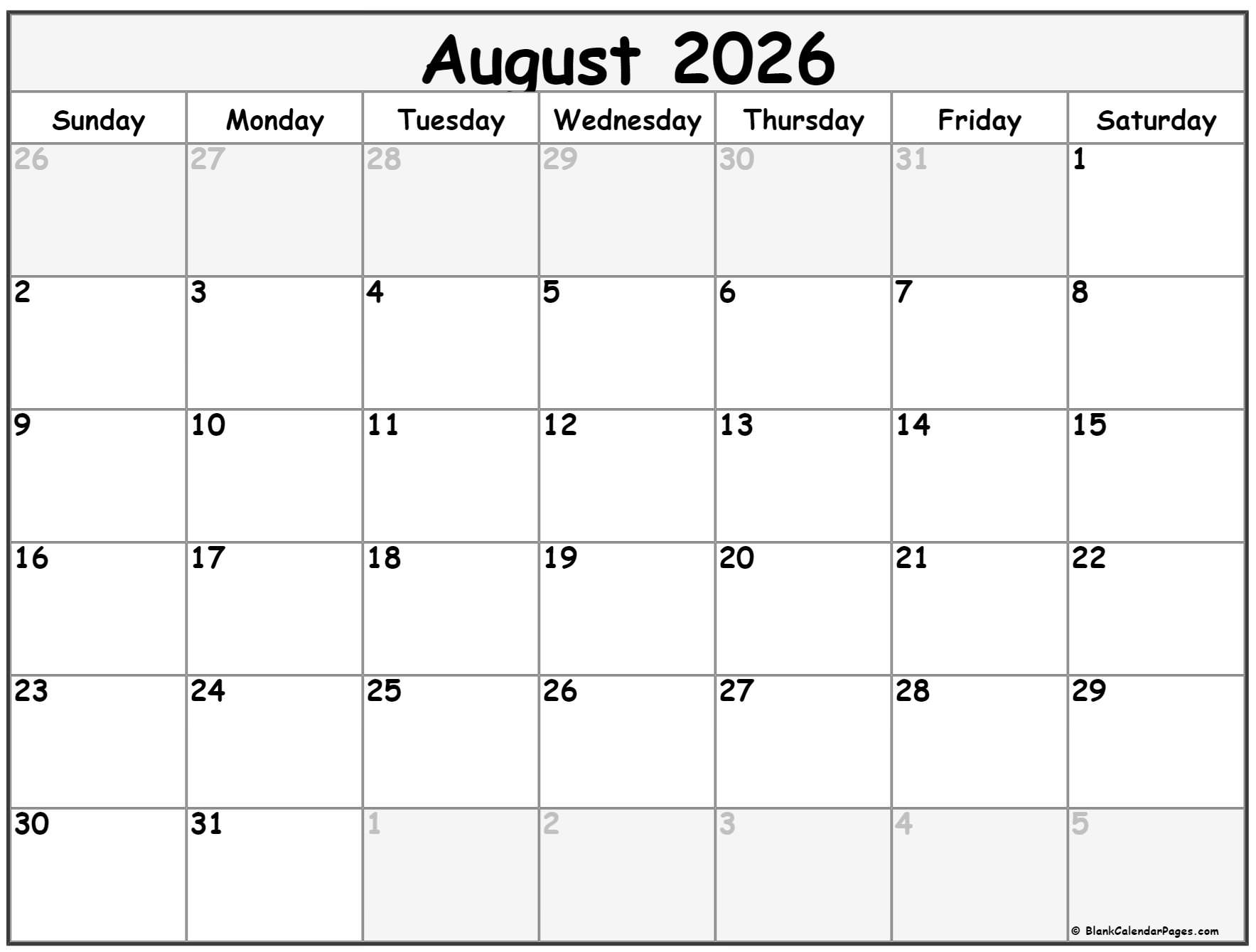August 2026 Calendar Free Printable Calendars