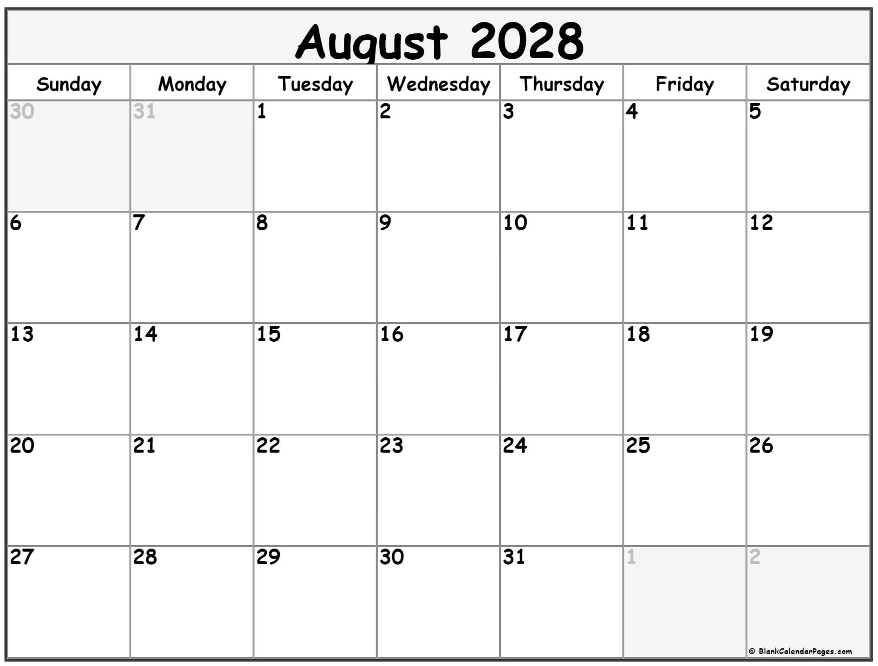 August printable calendar template 2028