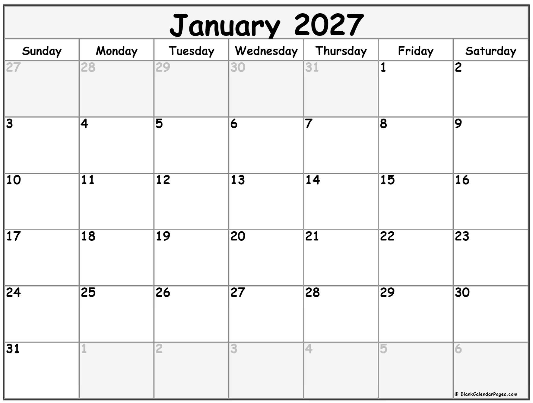 January 2027 Calendar Free Printable Calendar January 2027 Calendar Free Printable Calendar