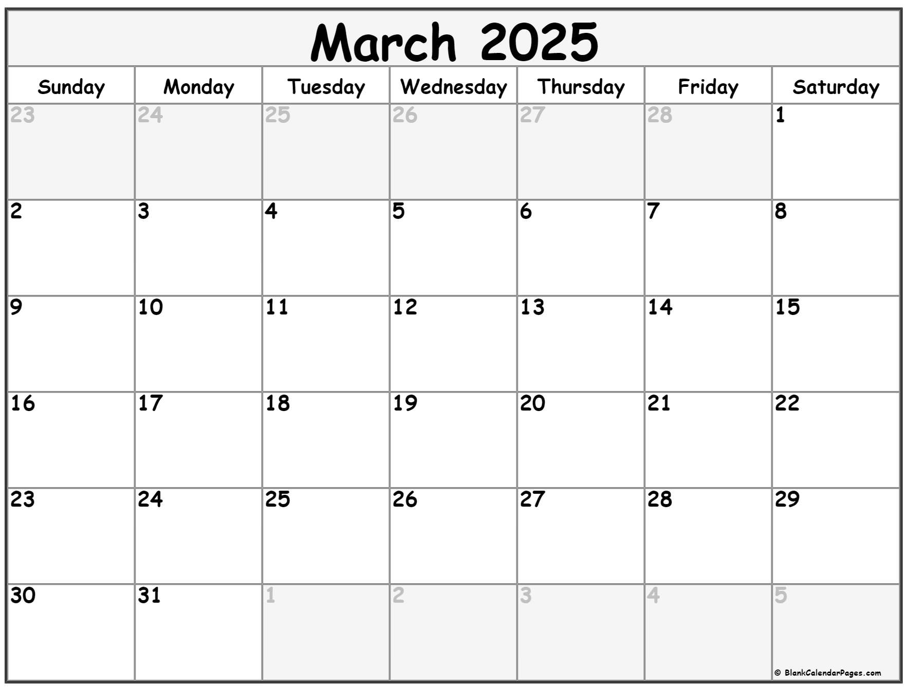 2025 March Calendar Free Printable Blank Calendar