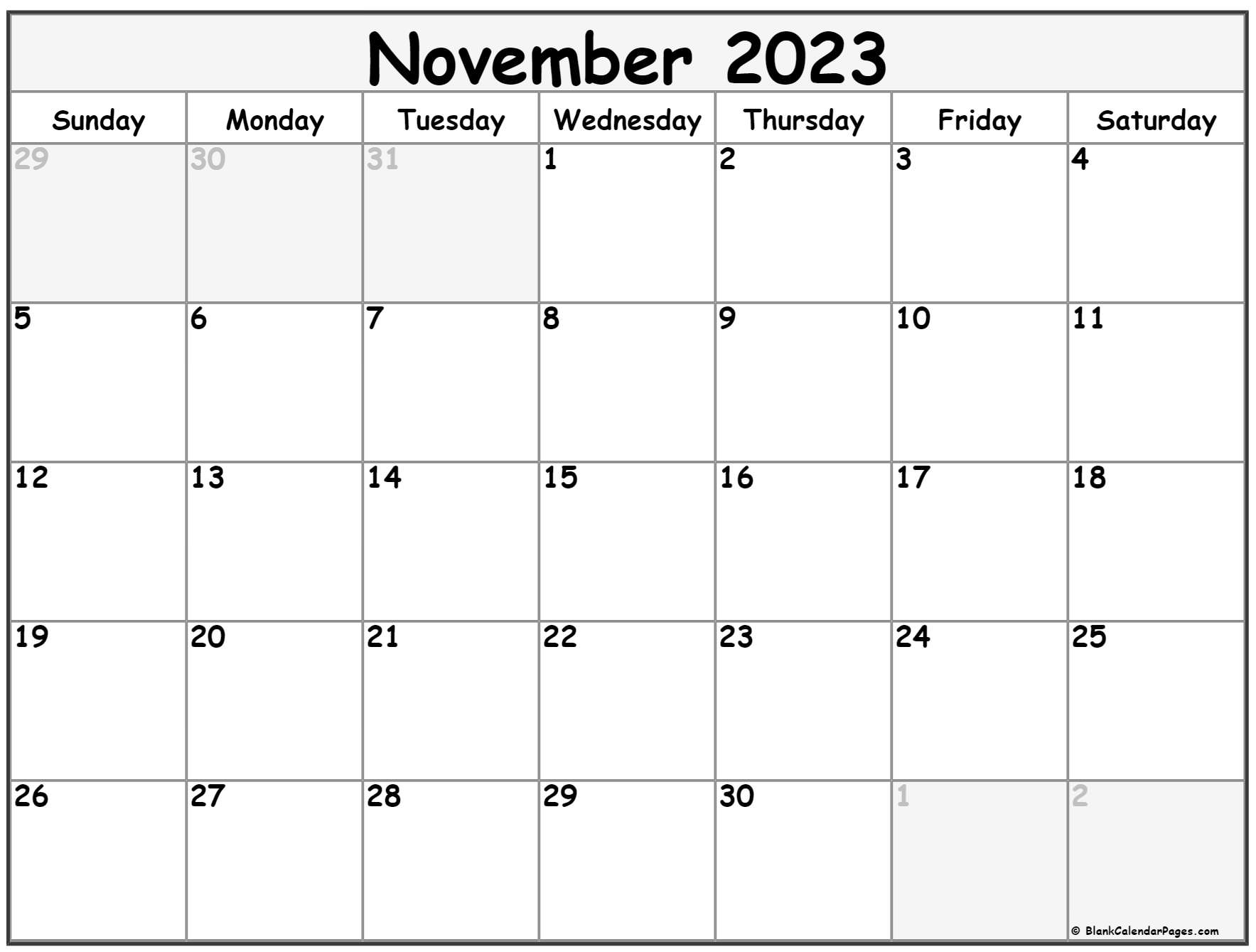 November 2023 Calendar Free Printable Calendar November 2023 Calendar Month Printable 