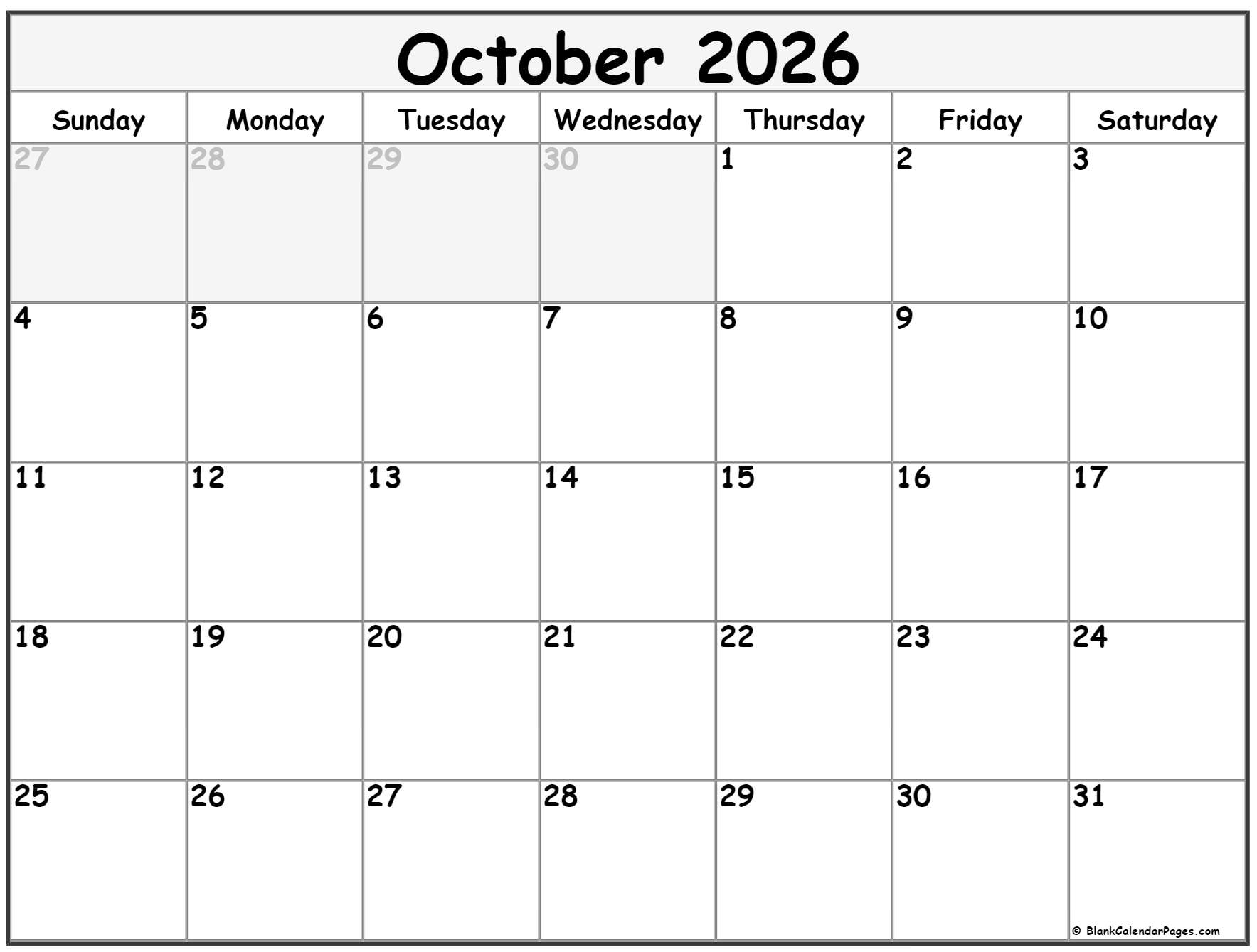 October 2026 Calendar Free Printable Calendars October 2026 Calendar Free Printable Calendars