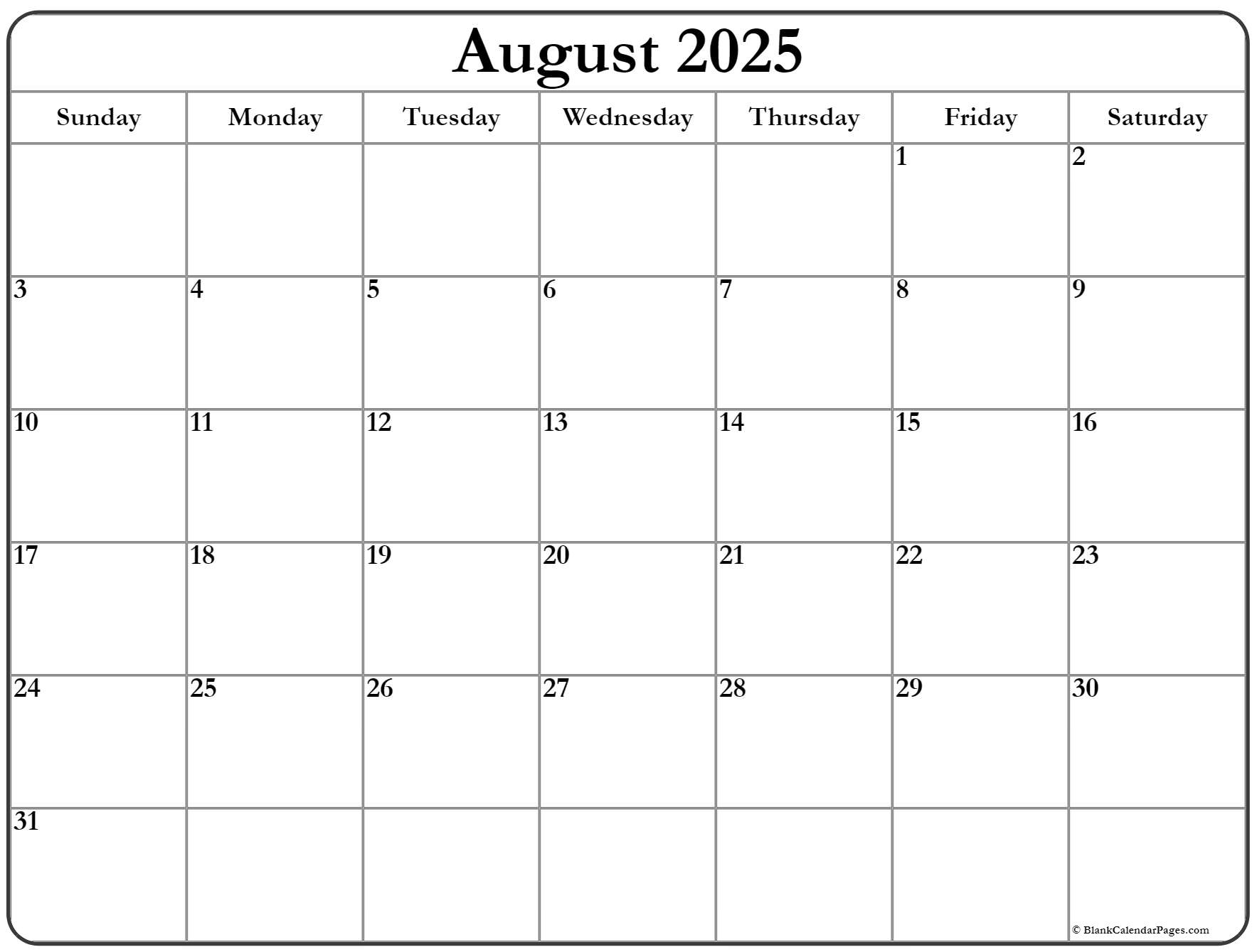 August 2025 Calendar Free Printable Calendars