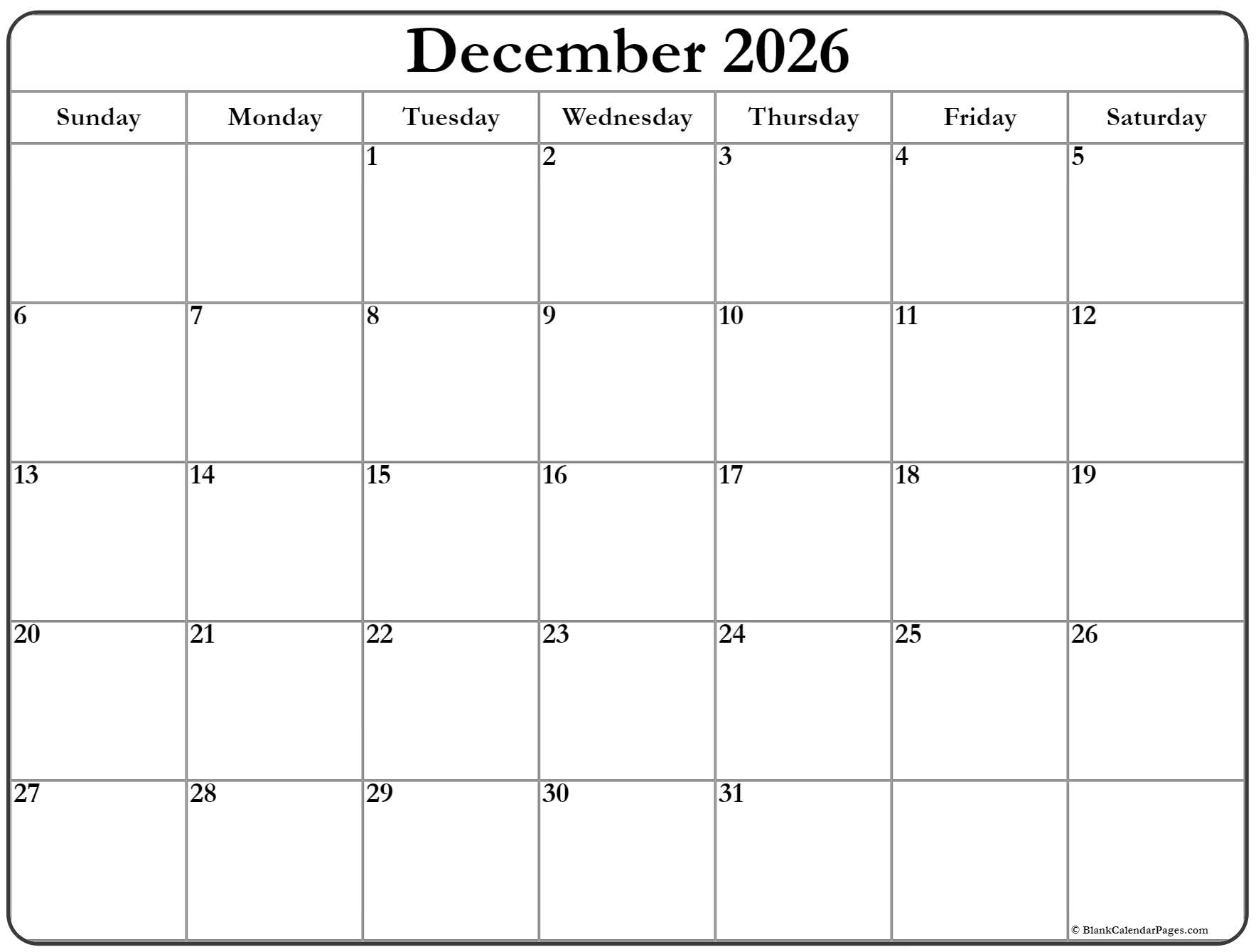 December 2026 calendar | free printable calendar