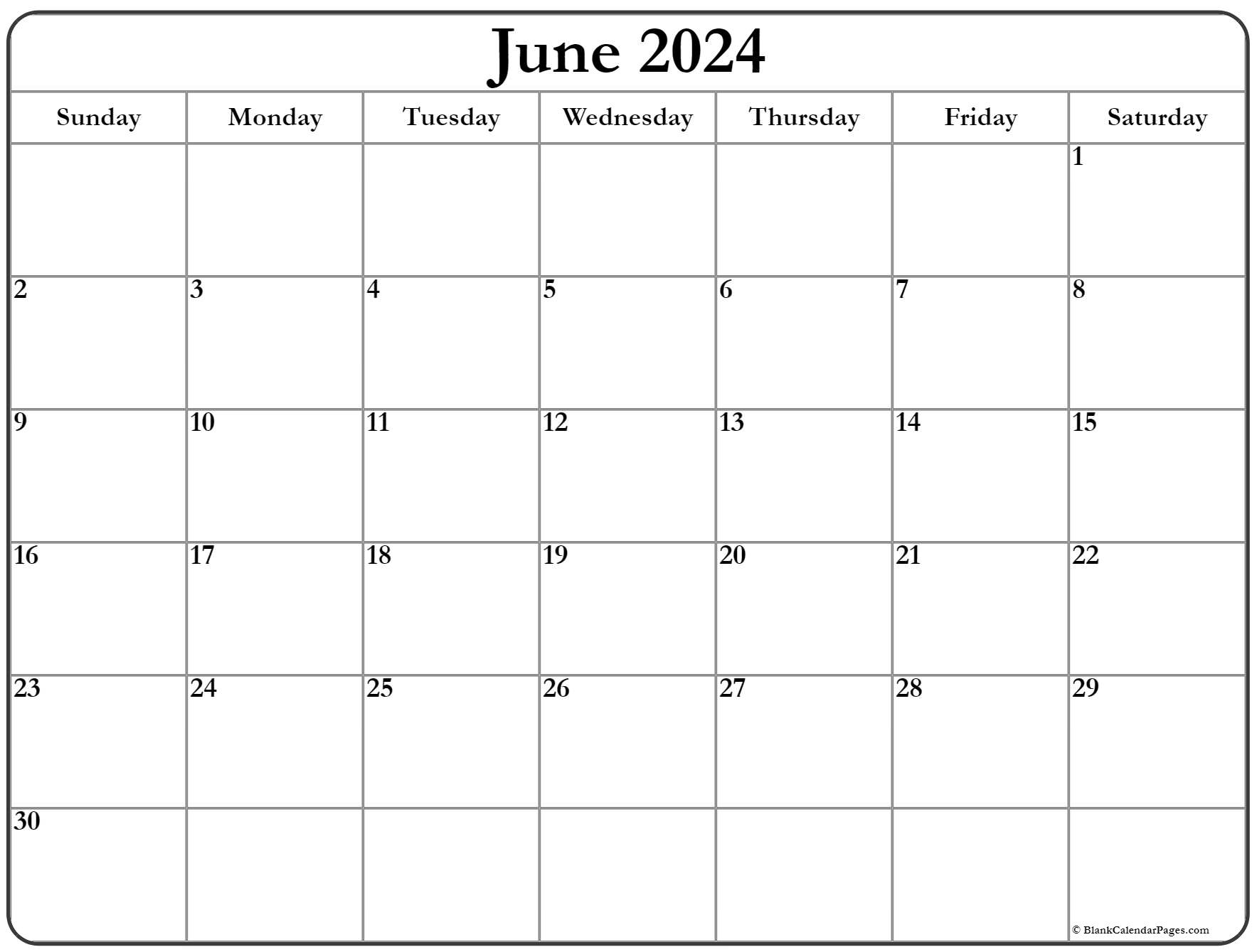 Calendar June 2024 Printable A4