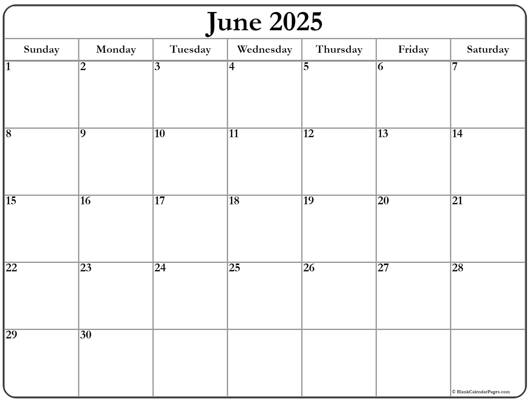 Calendar June 2025 Printable Free Blank