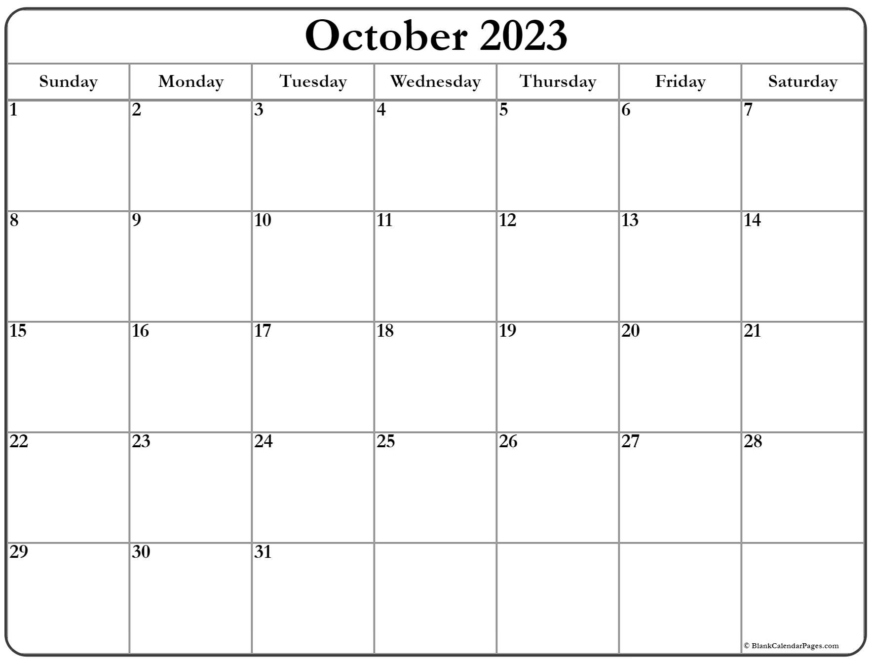 Blank Calendar October 2023 Free Printable