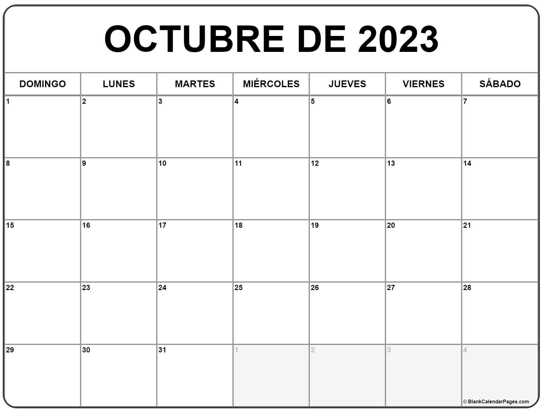 Calendario octubre imprimir 2023