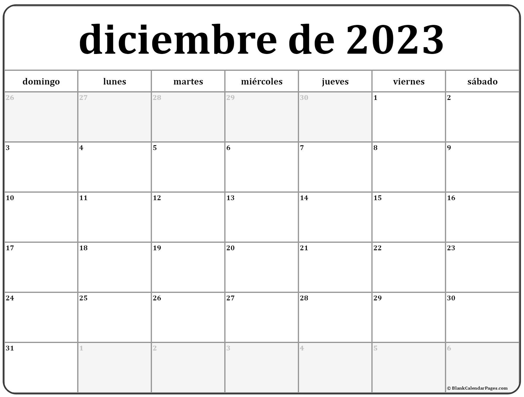 Calendario mensual diciembre 2023 para imprimir