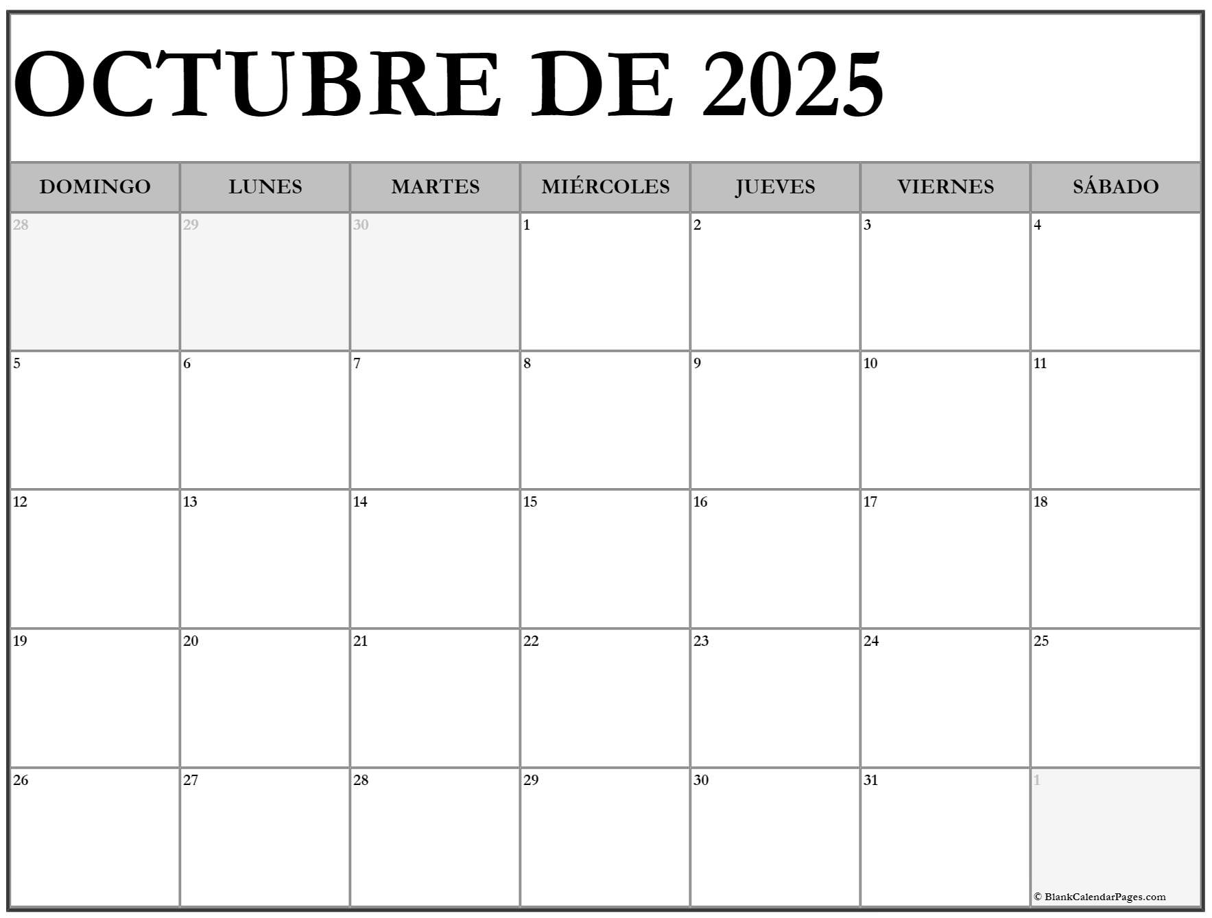 octubre de 2025 calendario gratis Calendario octubre