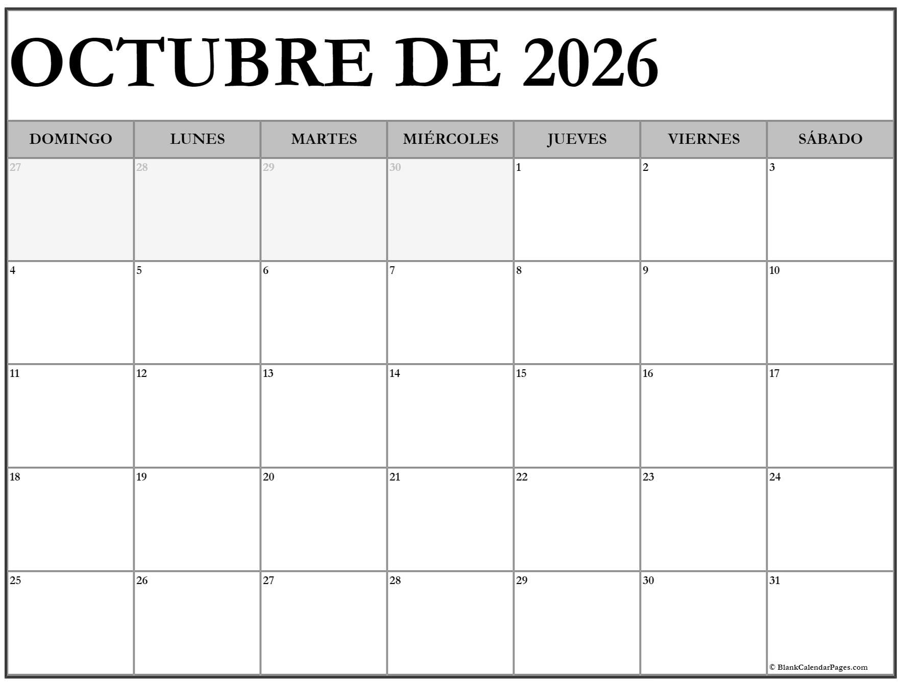 Octubre De 2026 Calendario Gratis Calendario Octubre