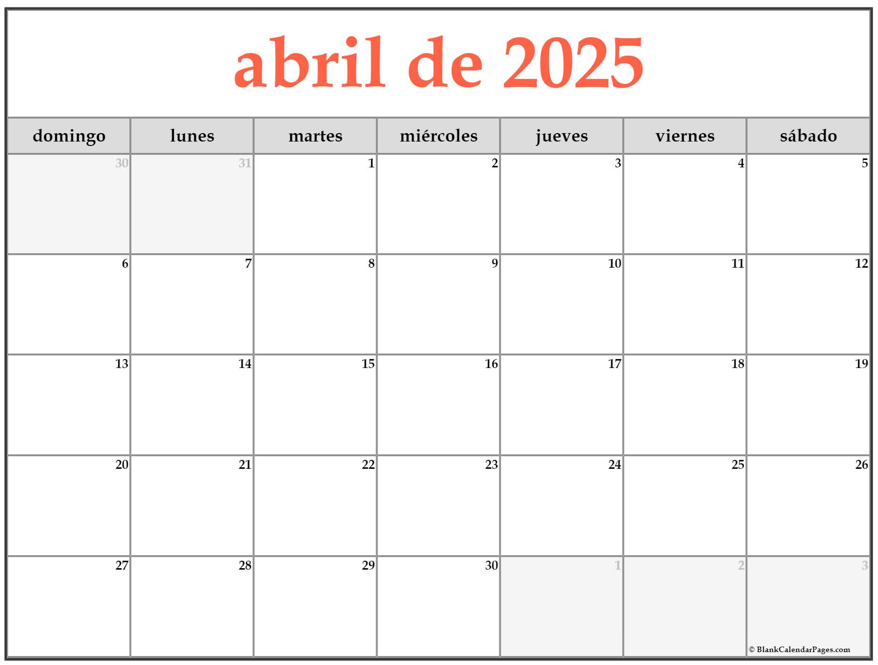 abril de 2025 calendario gratis Calendario abril