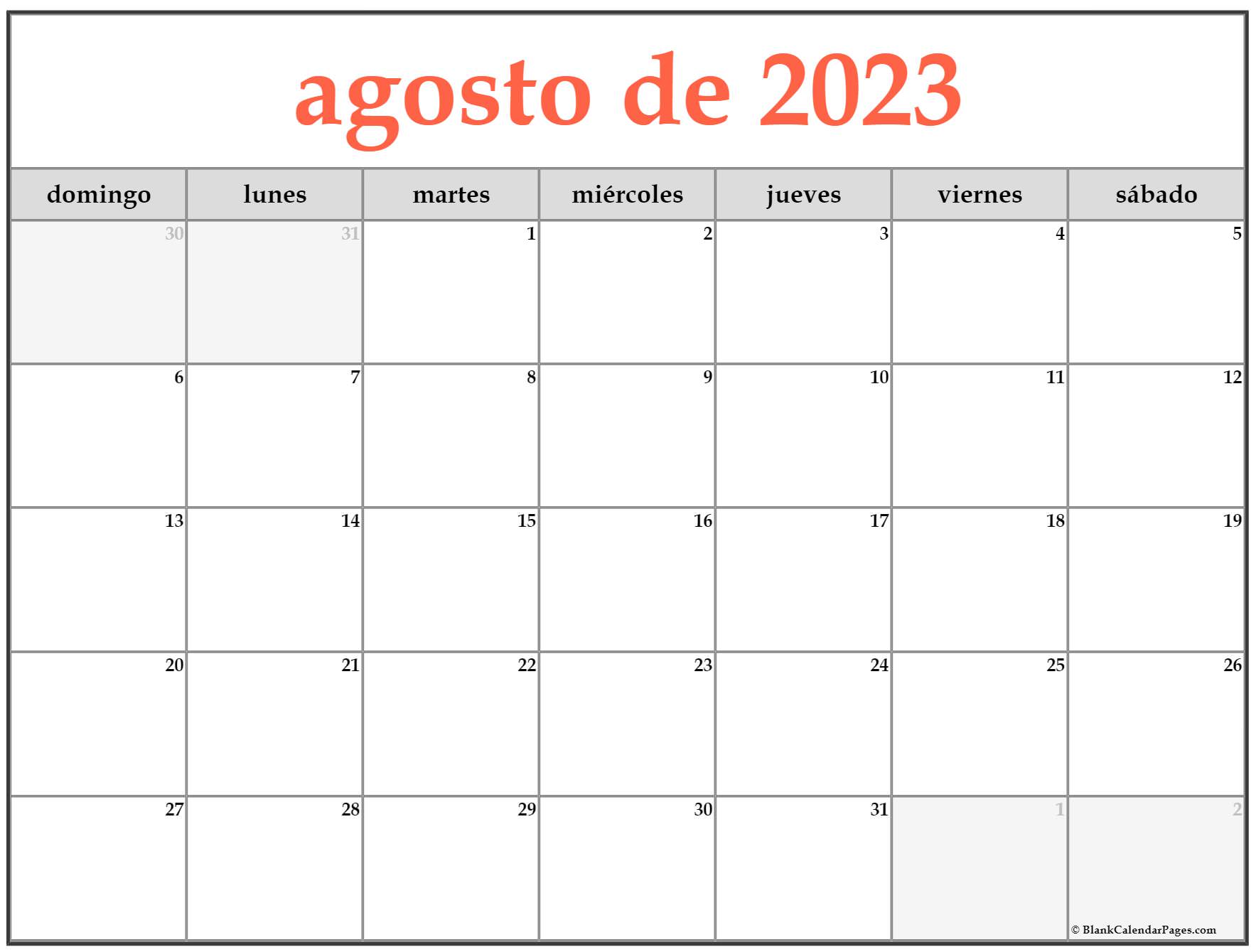 Plantilla Calendario Agosto 2023 Para Imprimir Pdf - IMAGESEE