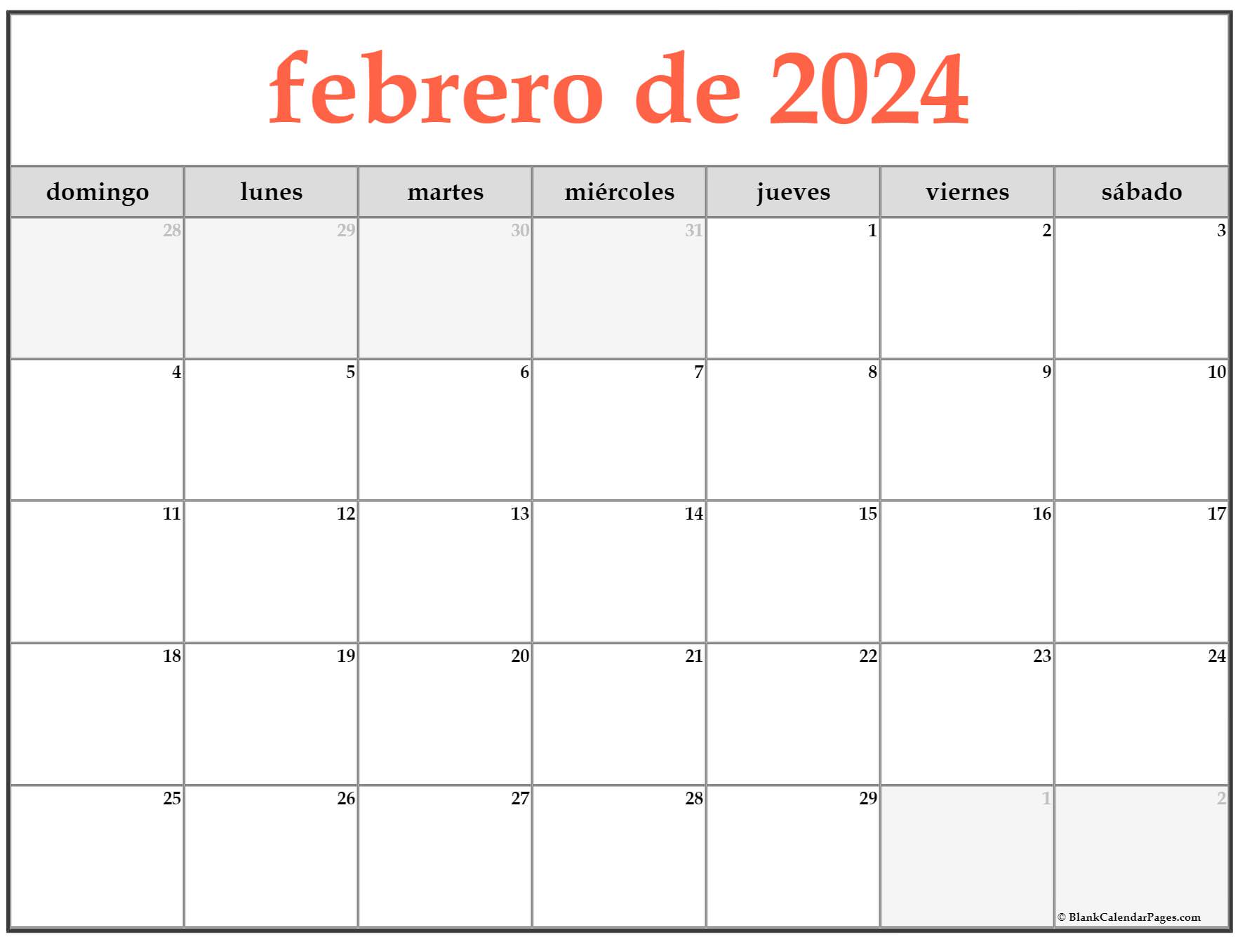 Febrero 2024 Calendar Printable 2024 CALENDAR PRINTABLE