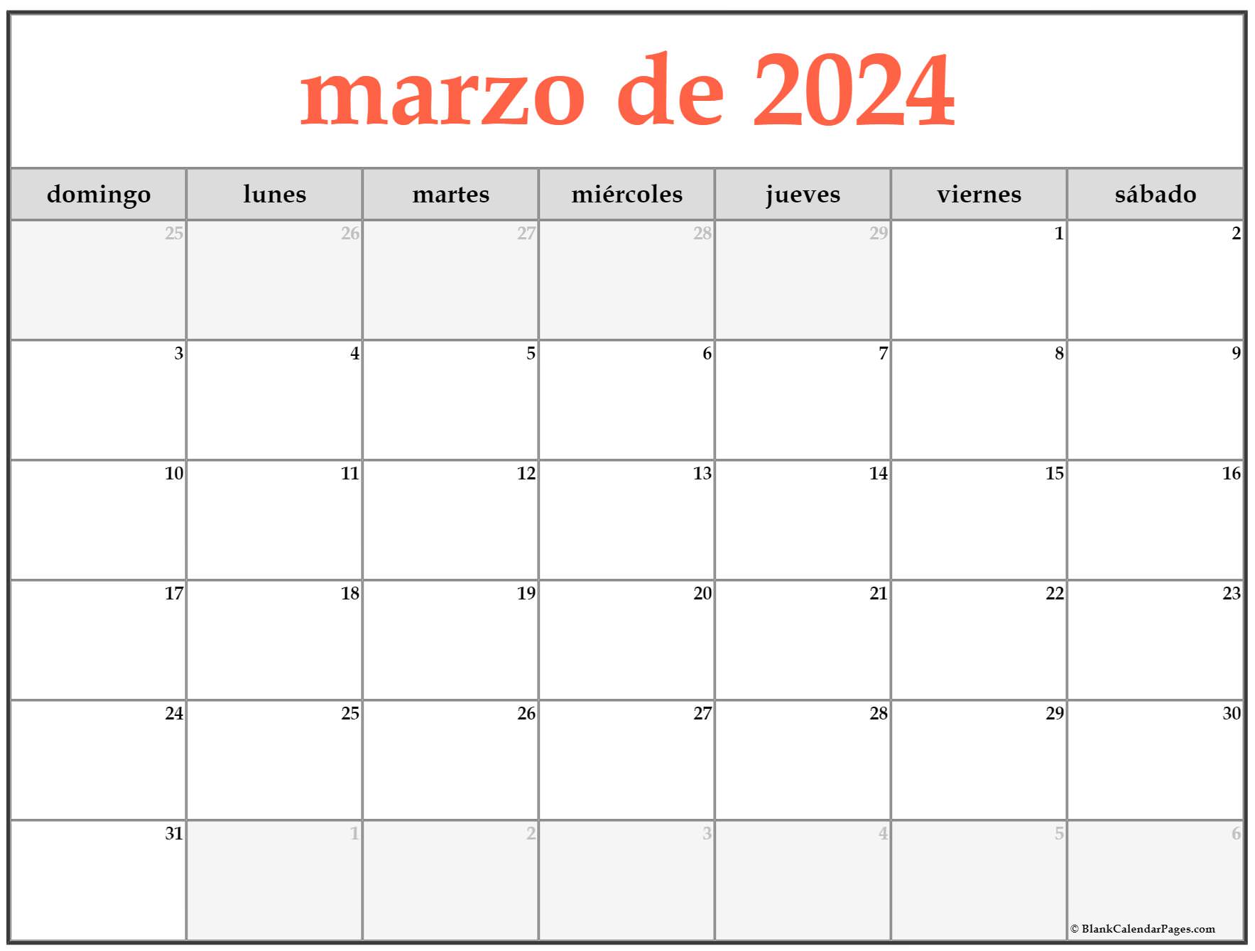Almanaque Marzo 2024 marzo de 2024 calendario gratis | Calendario marzo