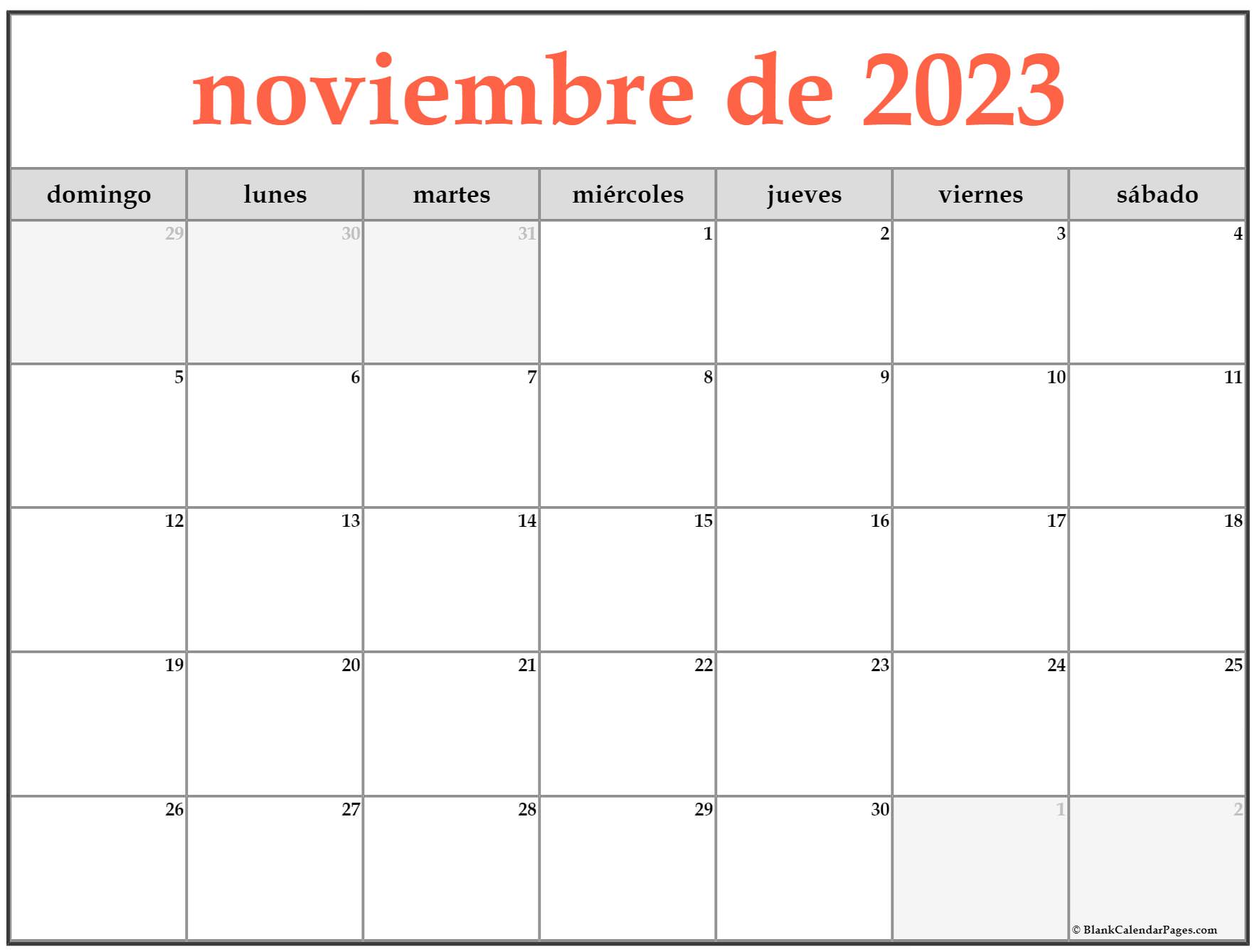 noviembre de 2023 calendario gratis Calendario noviembre