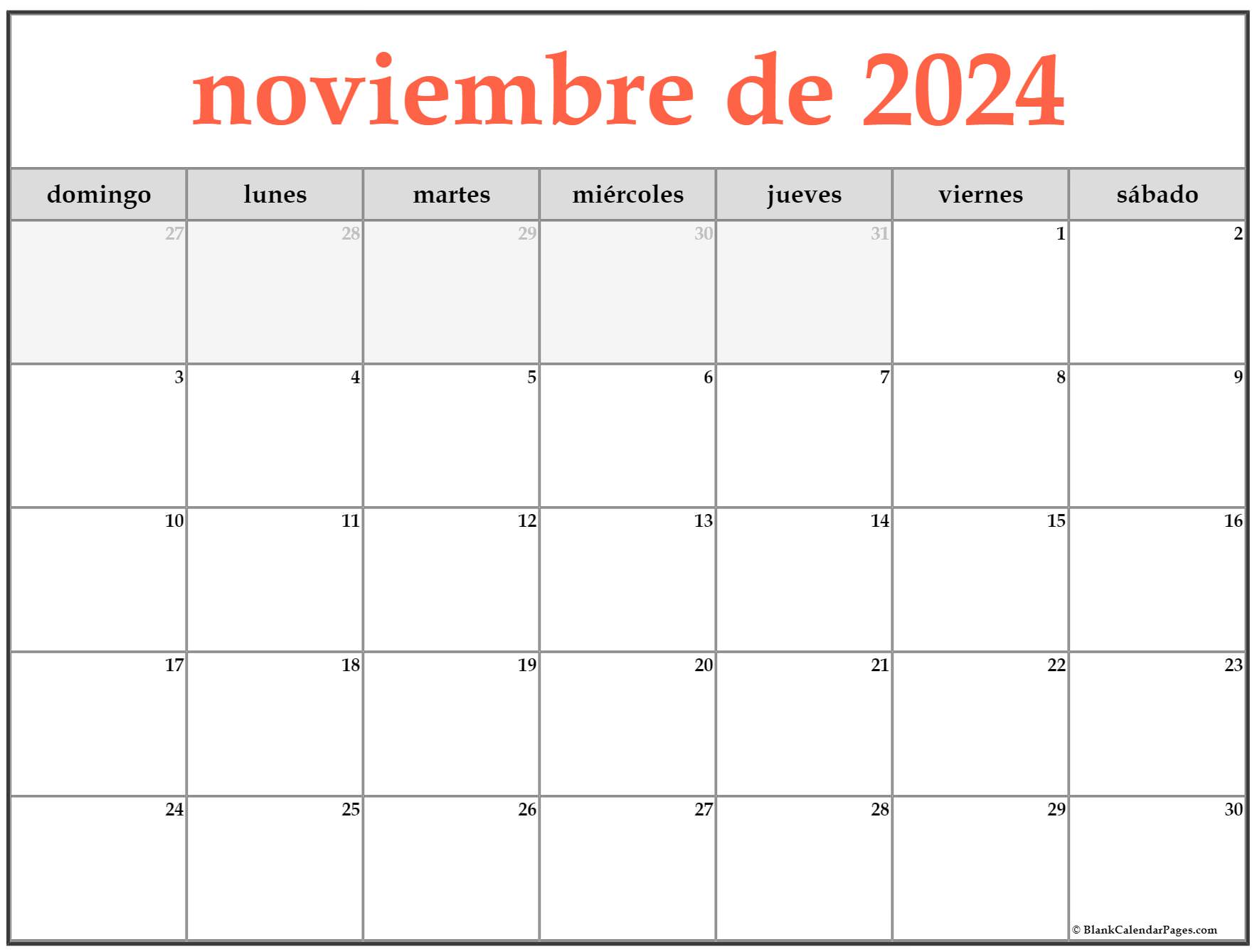 noviembre de 2024 calendario gratis Calendario noviembre