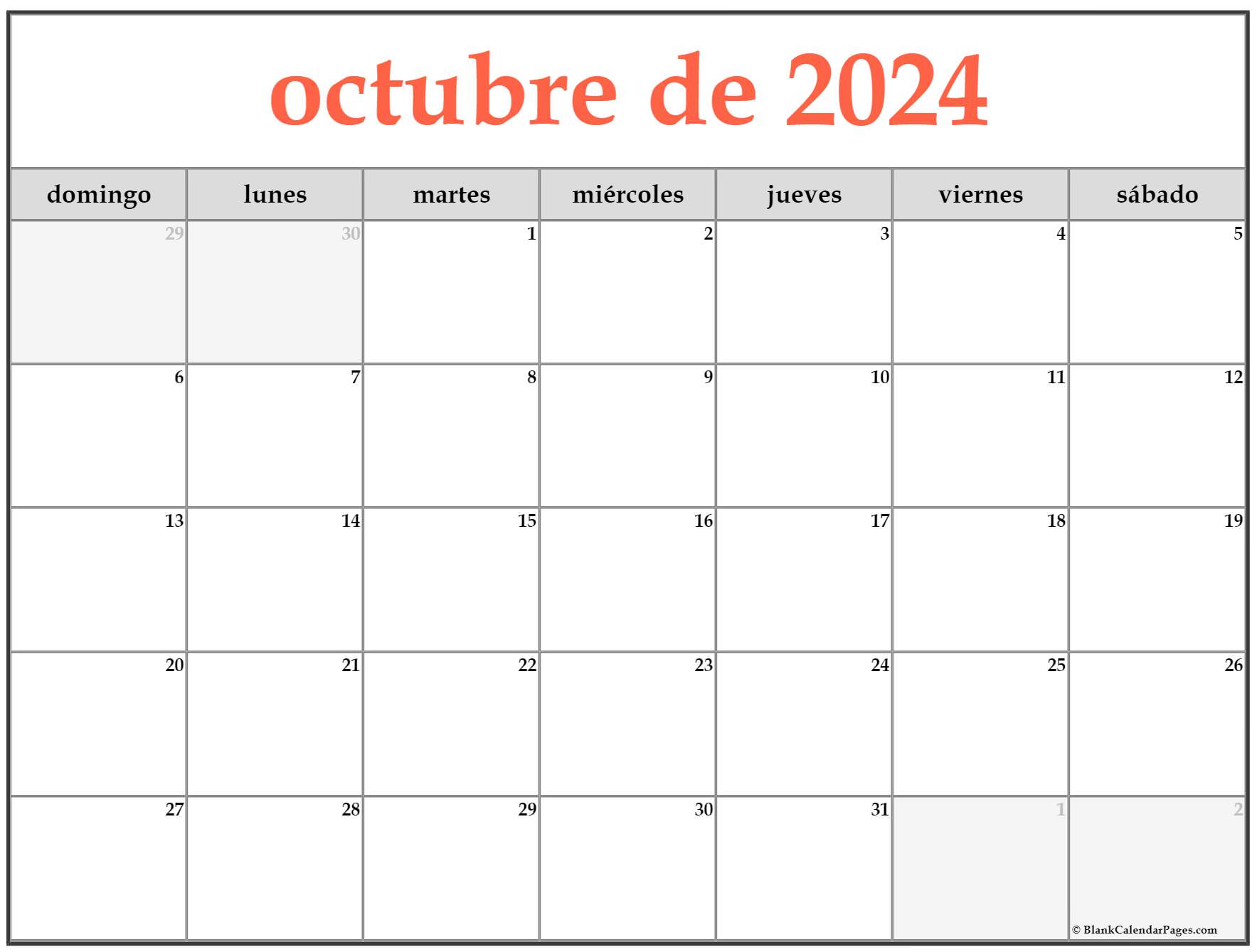 octubre de 2024 calendario gratis Calendario octubre
