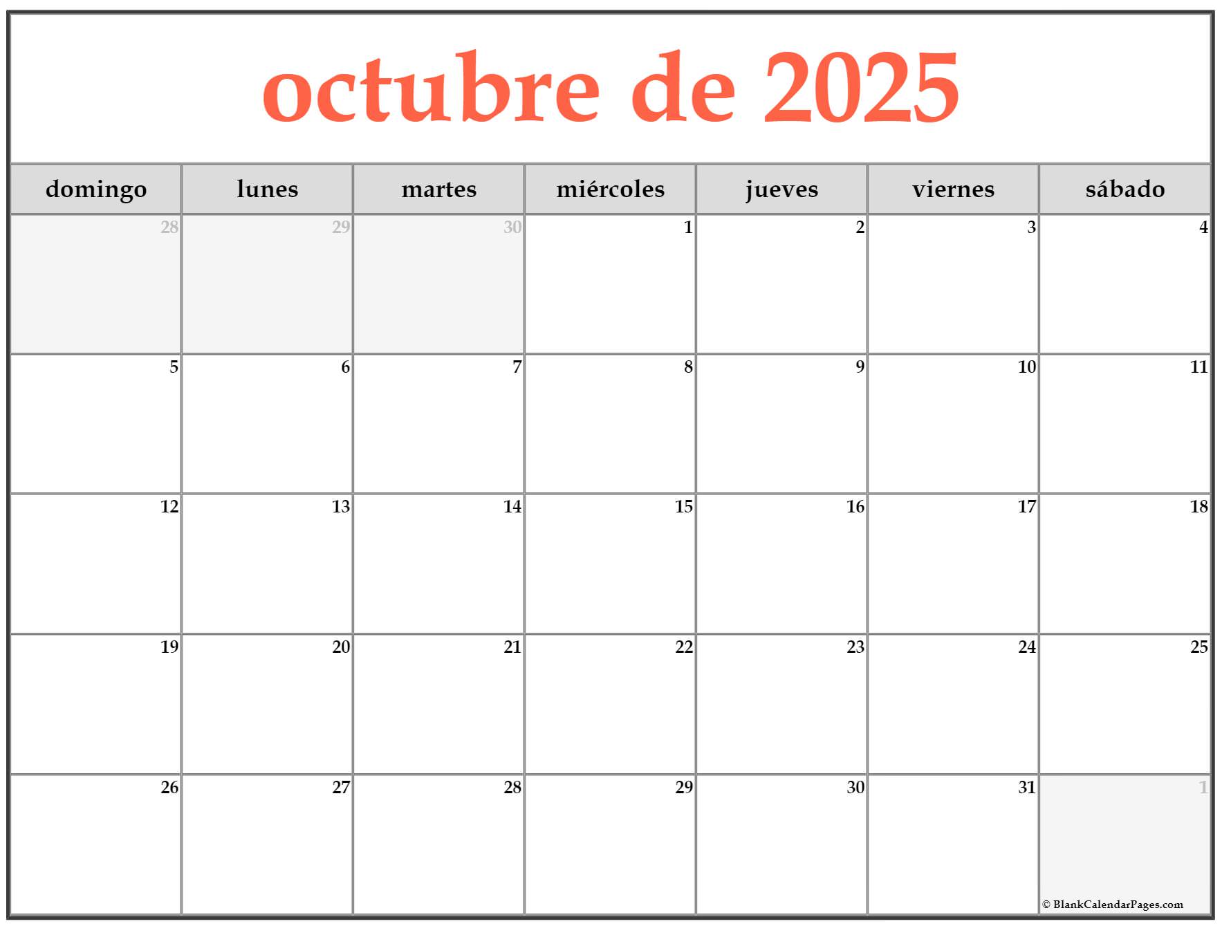 octubre de 2025 calendario gratis  Calendario octubre