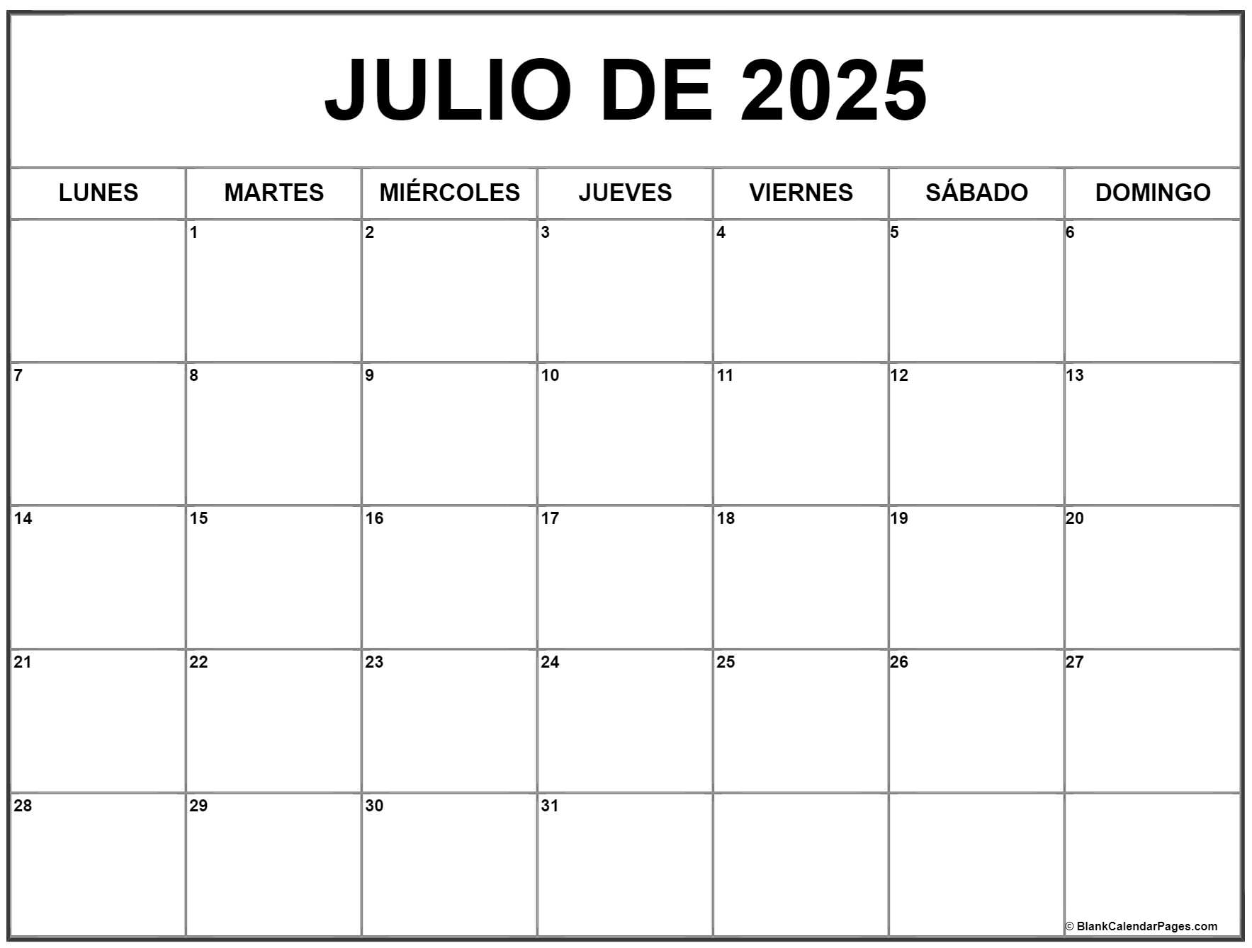 julio de 2025 calendario gratis Calendario julio