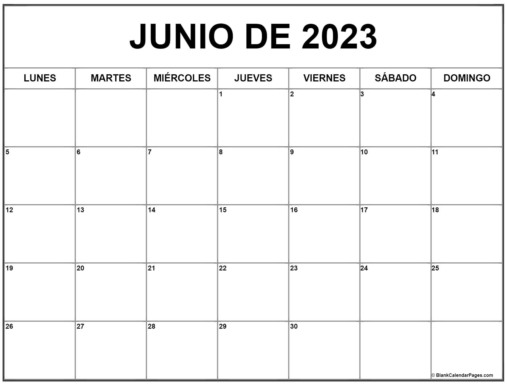 Calendario mes junio 2023 para imprimir