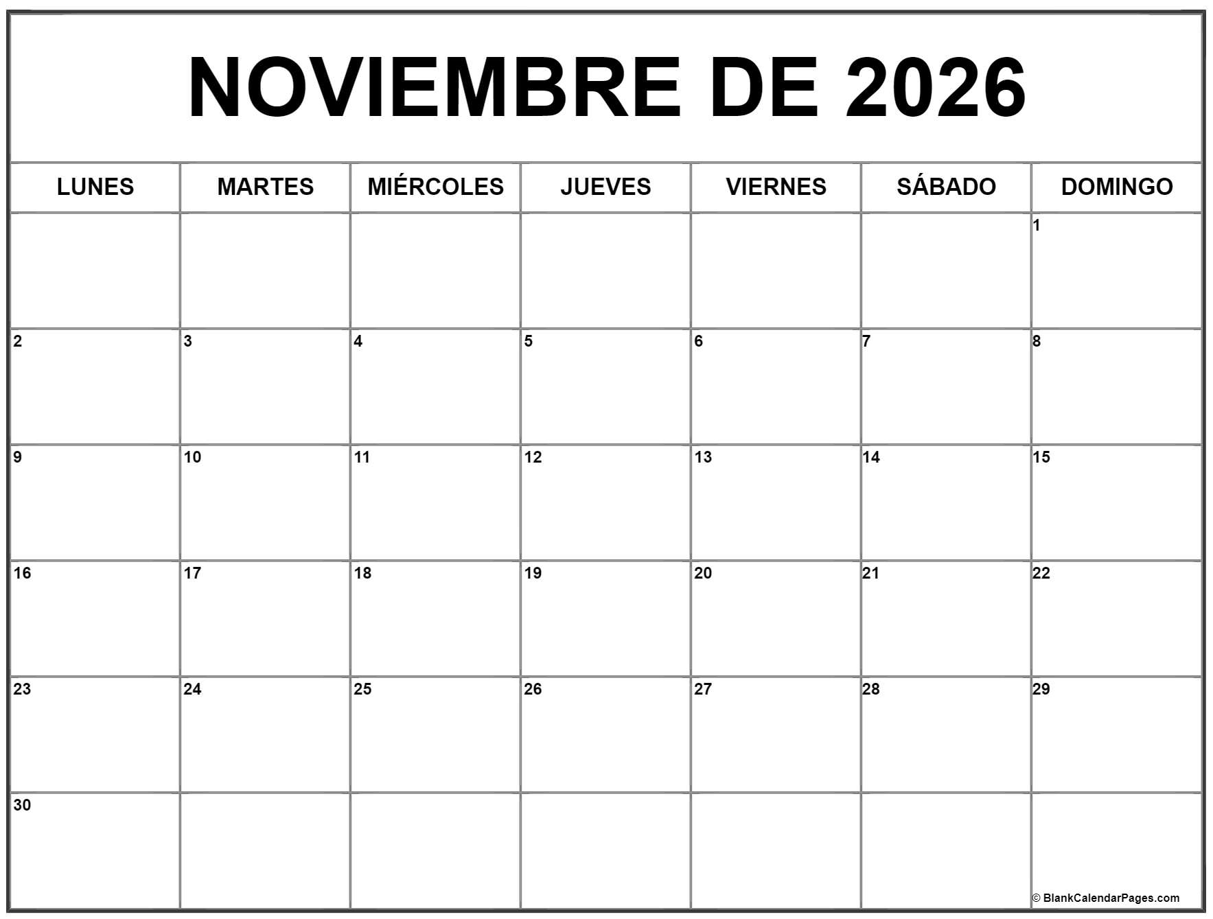 Calendario Noviembre 2026 Calendario Noviembre 2026