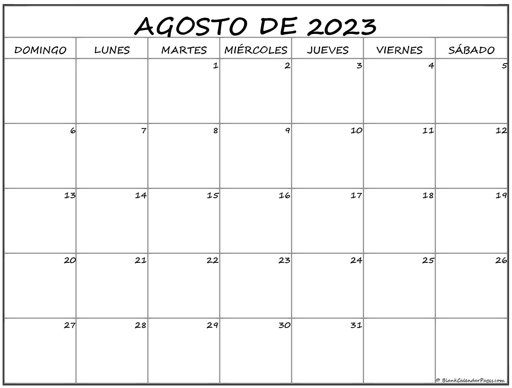 Plantilla Calendario Agosto 2023 Para Imprimir Pdf En