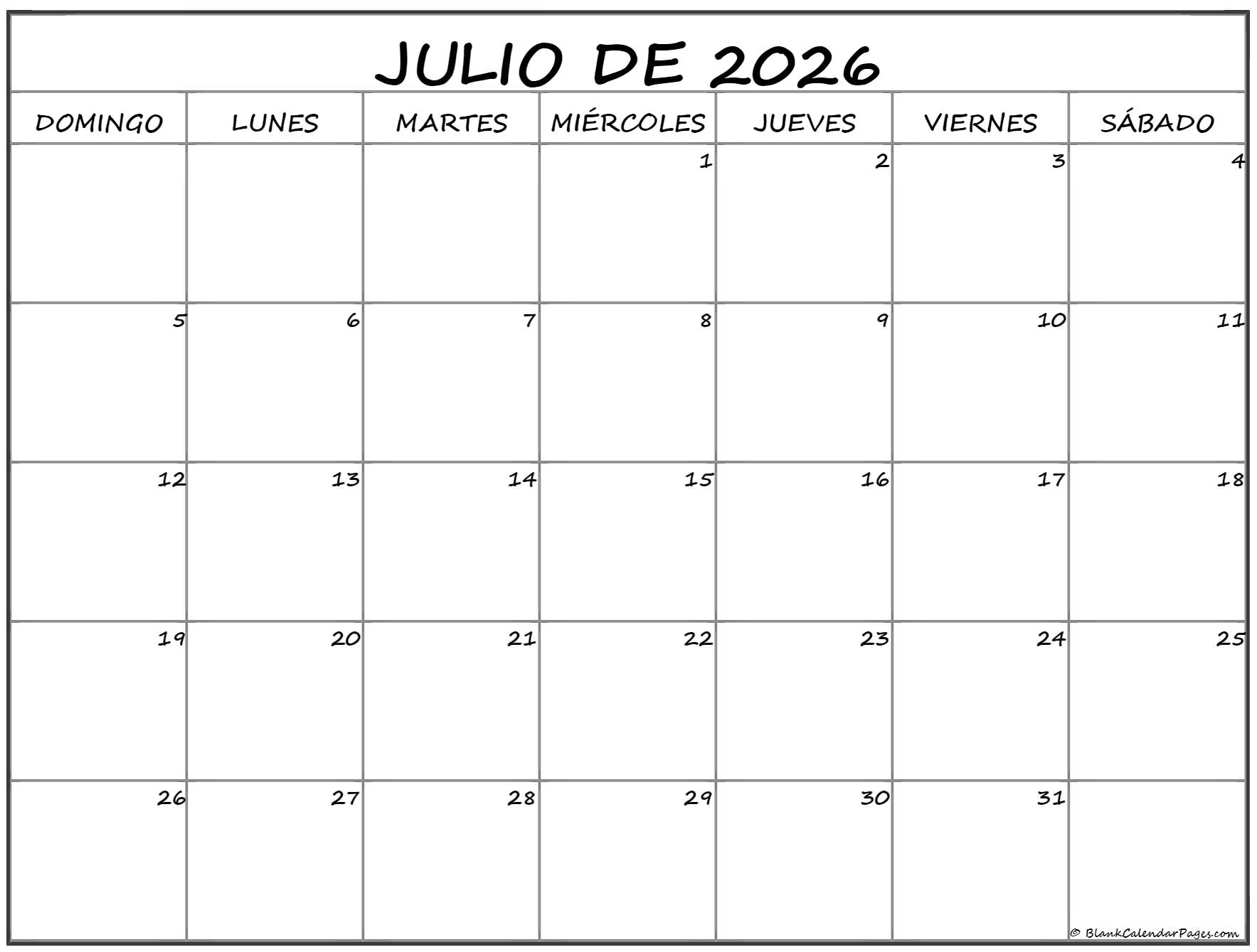 Julio De 2026 Calendario Gratis Calendario Julio