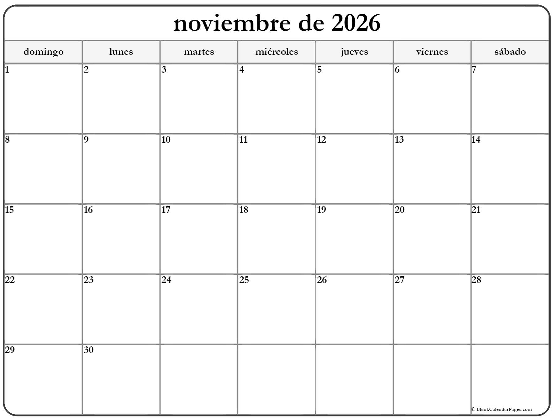 Noviembre De 2026 Calendario Gratis Calendario Noviembre