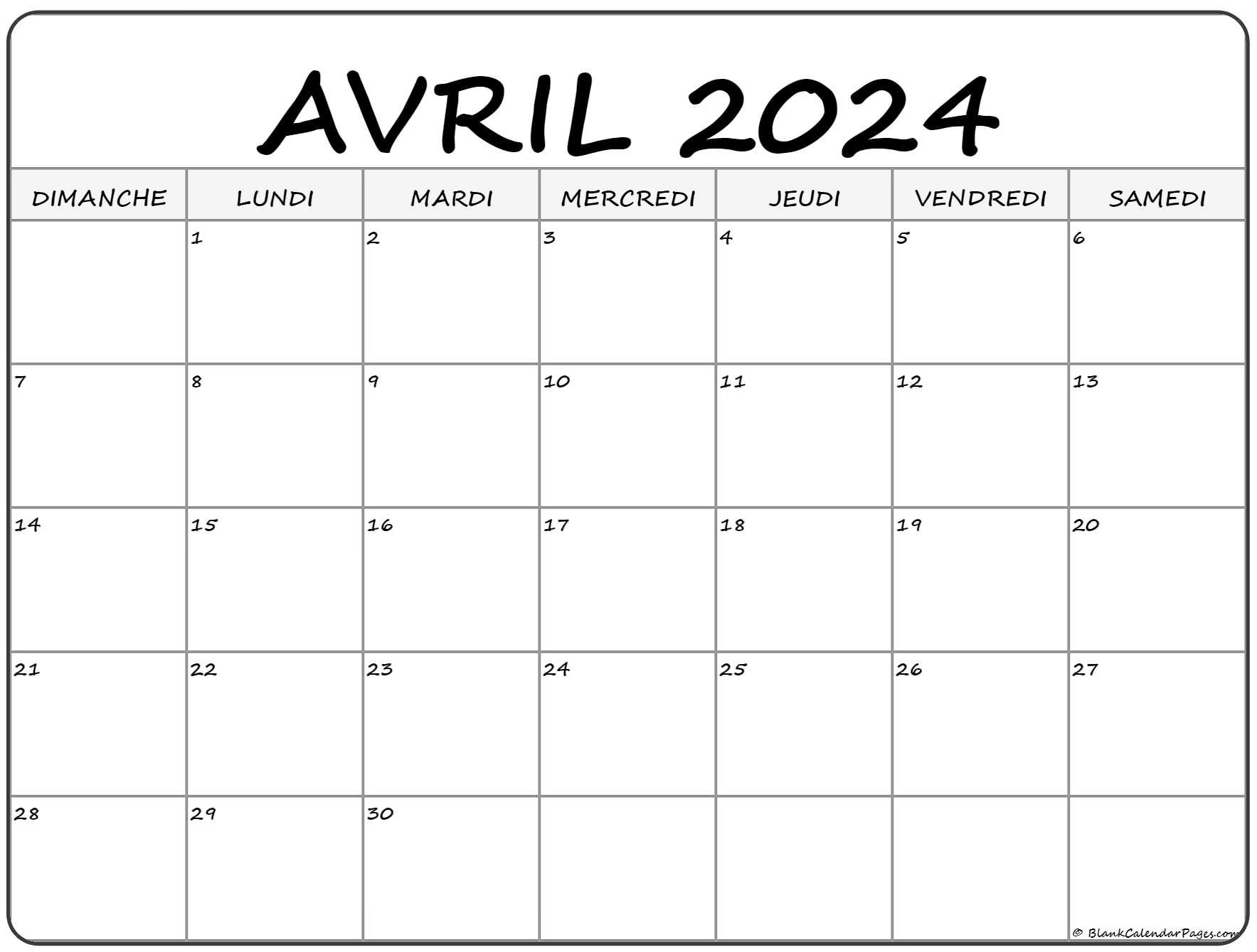 avril 2024 calendrier imprimable | Calendrier gratuit