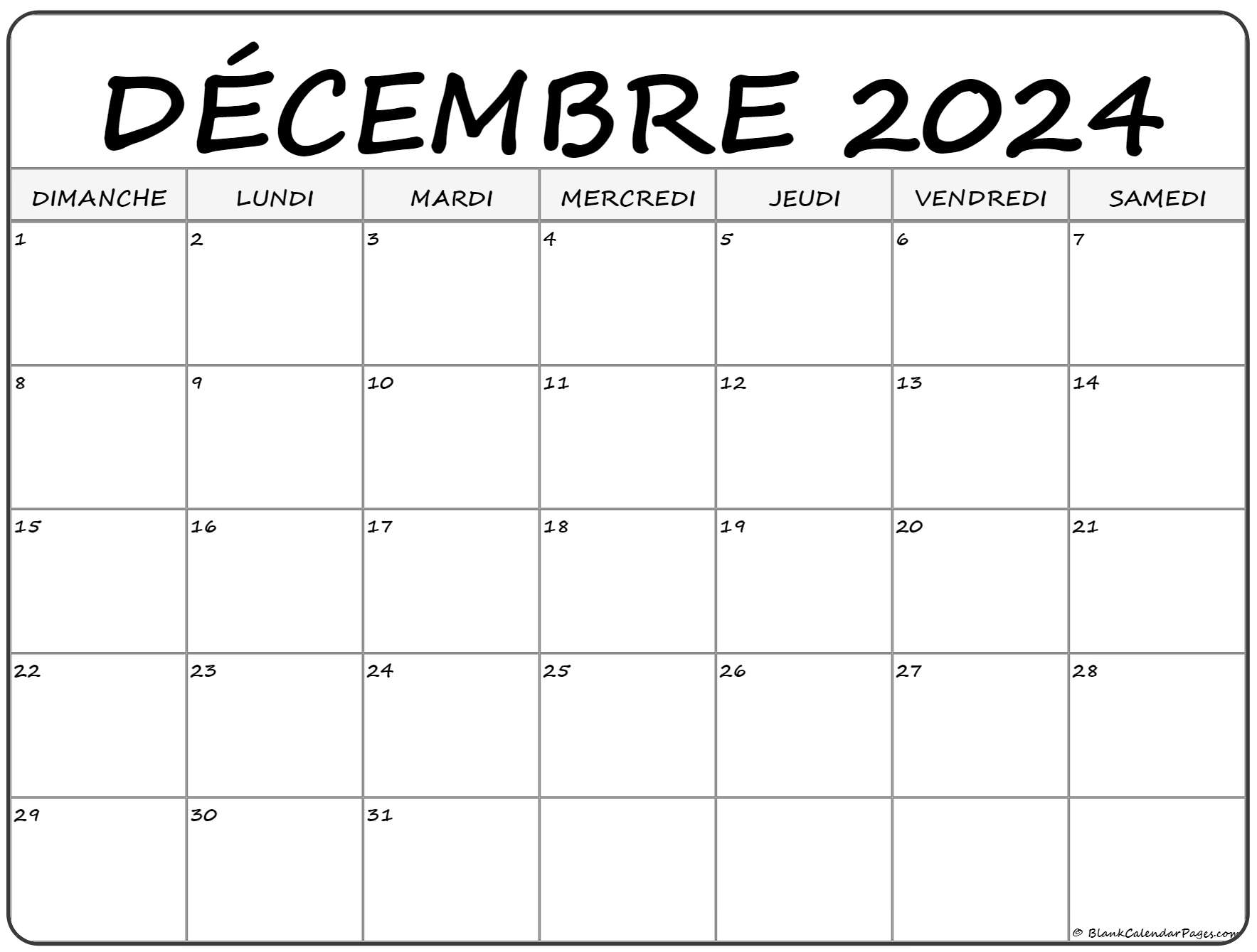 Calendrier Mois Décembre 2024