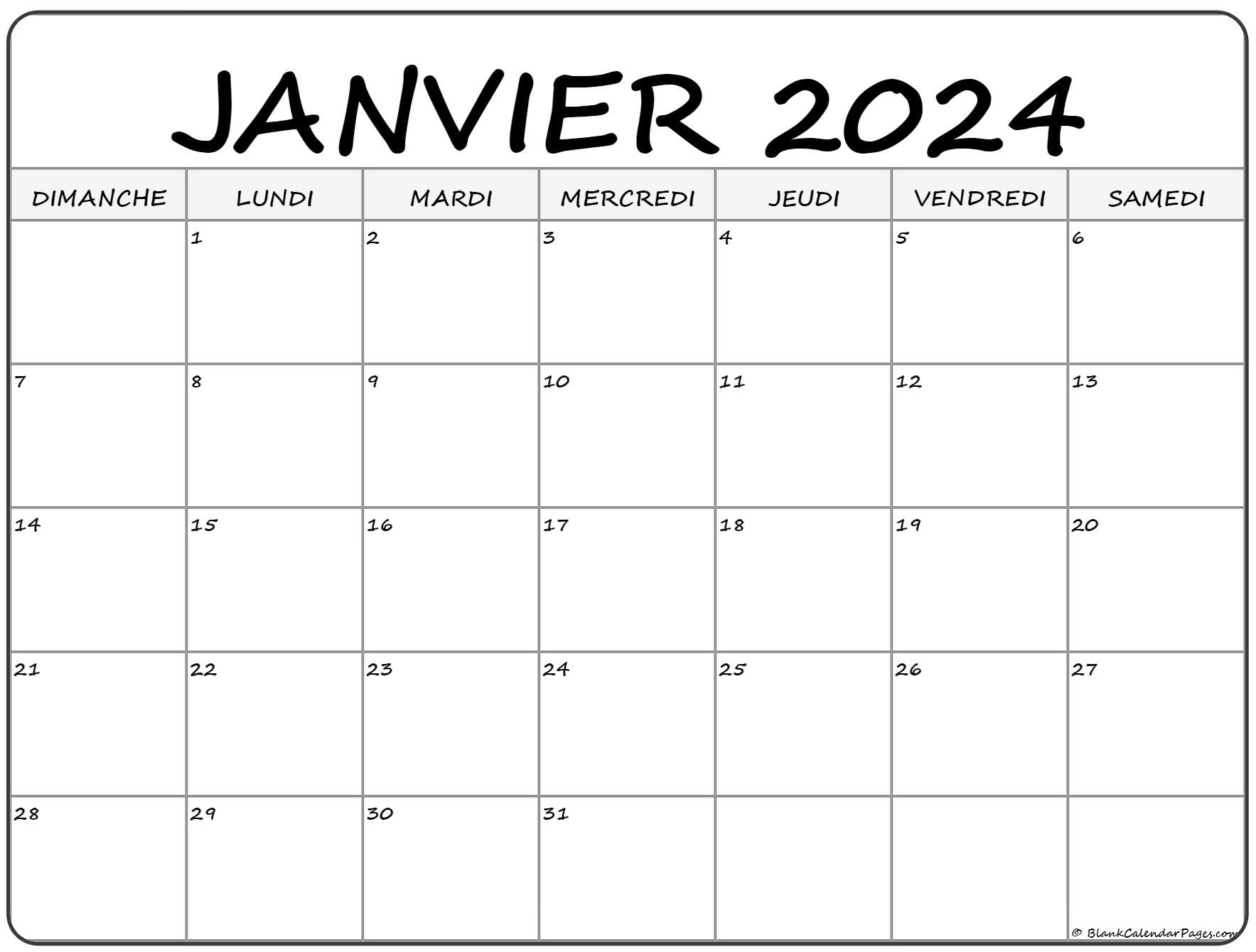 Janvier Calendrier 2024