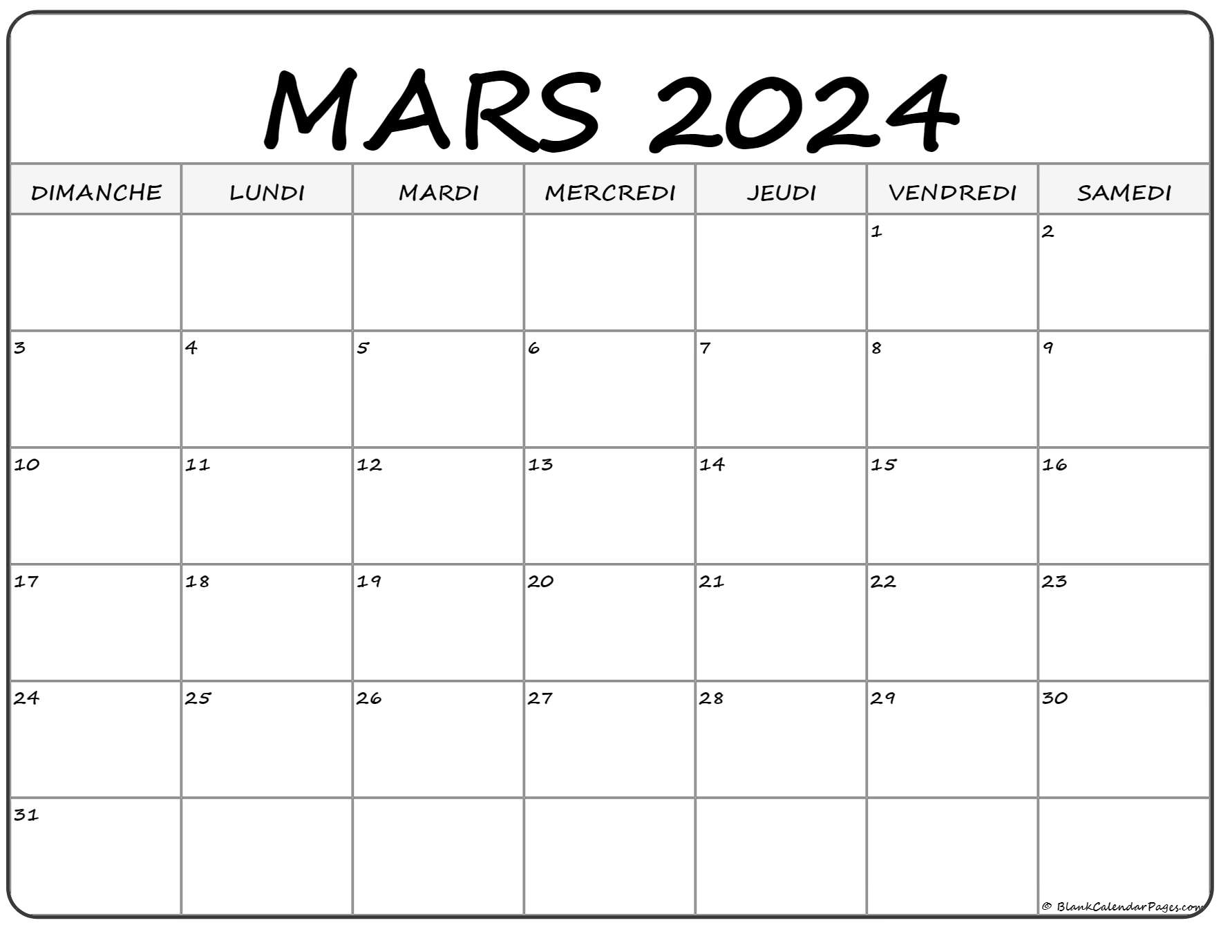 Calendrier Mois Mars 2024