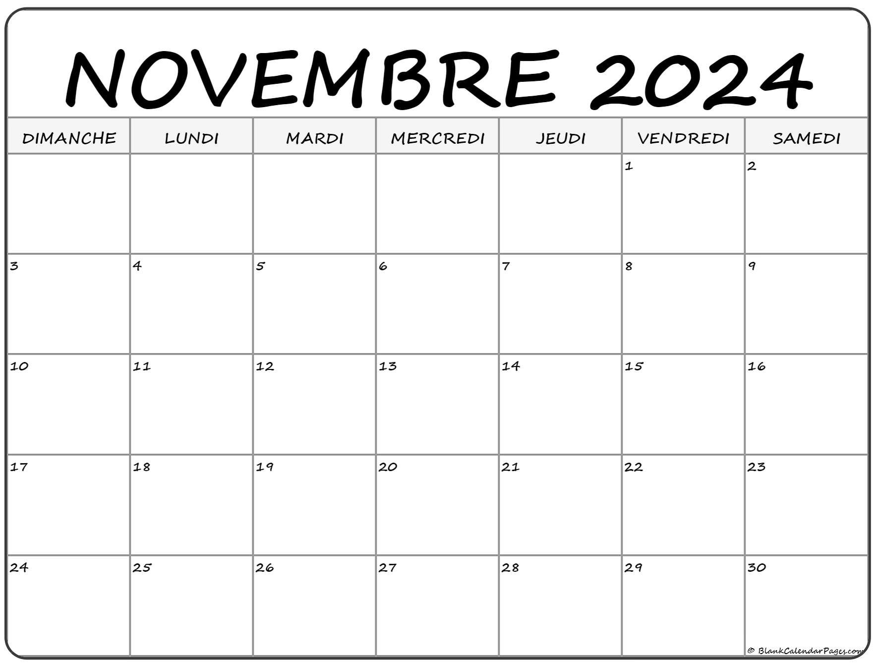 Calendrier Novembre 2024 à imprimer