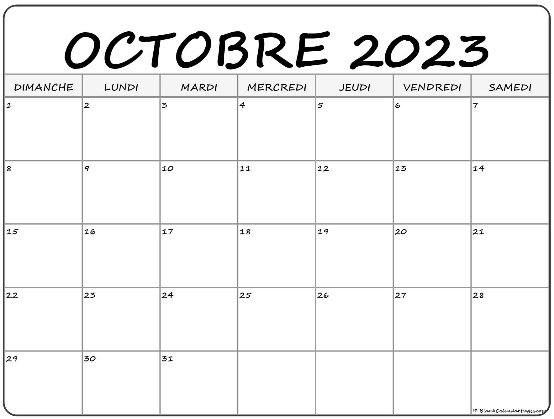 octobre 2023 calendrier imprimable | Calendrier gratuit