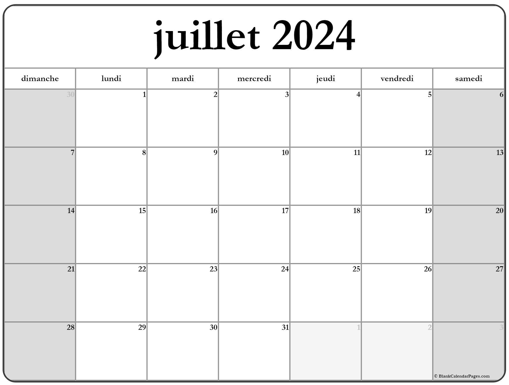 juillet 2024 calendrier imprimable Calendrier gratuit