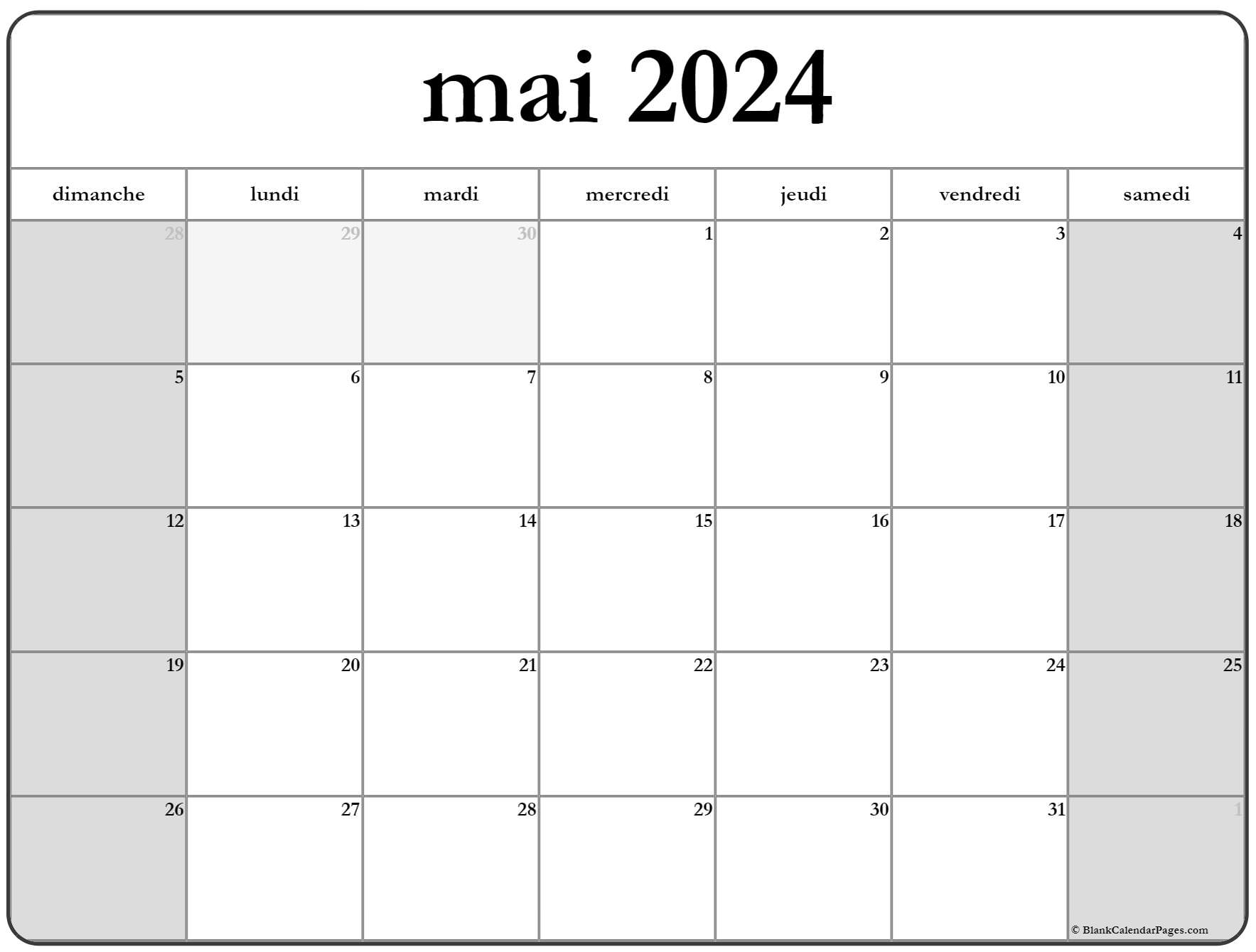 Calendrier mai 2024 à imprimer