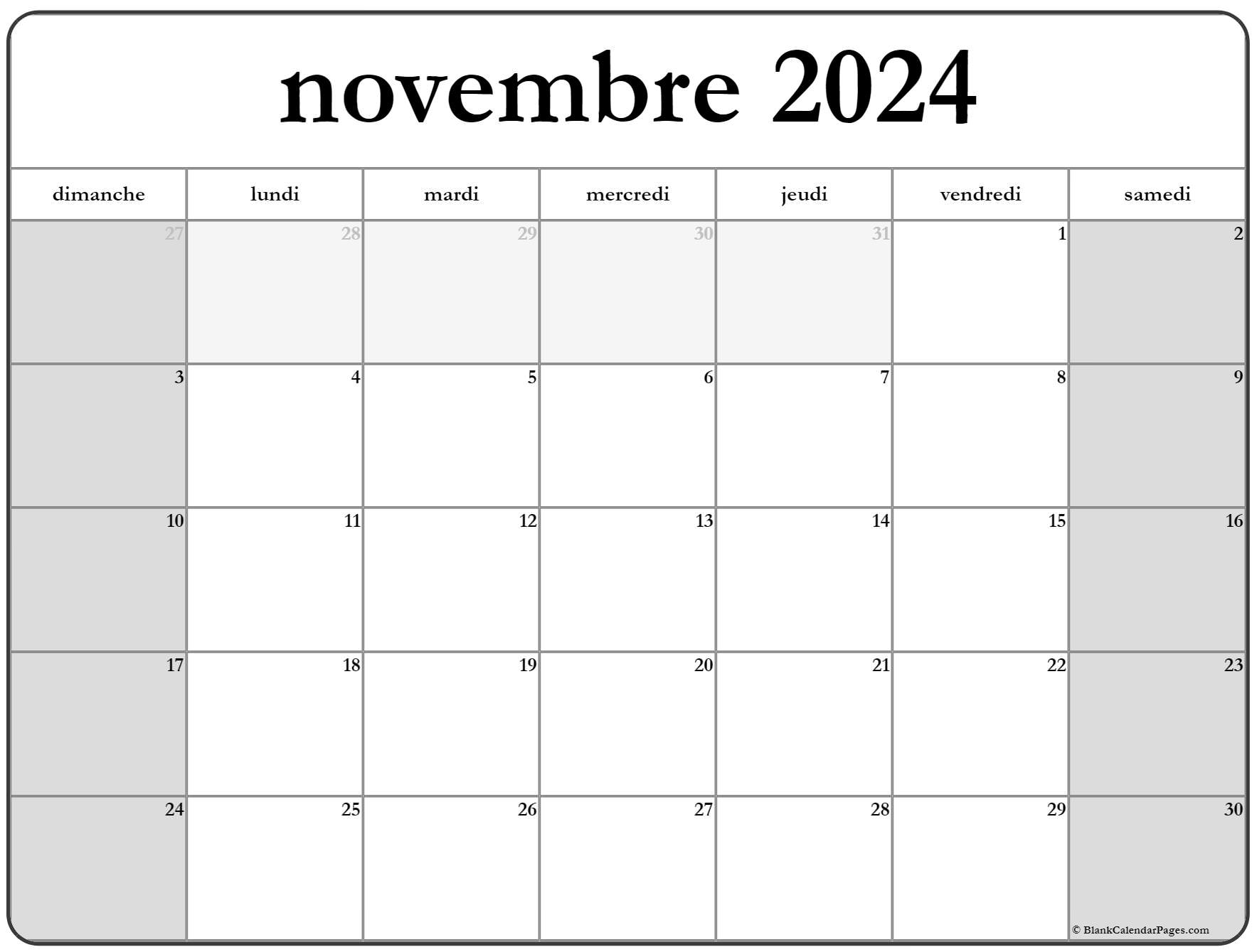 novembre 2024 calendrier imprimable Calendrier gratuit