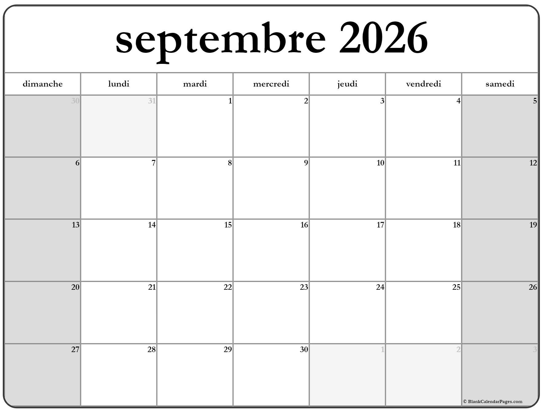 Septembre 2026 Calendrier Imprimable Calendrier Gratuit