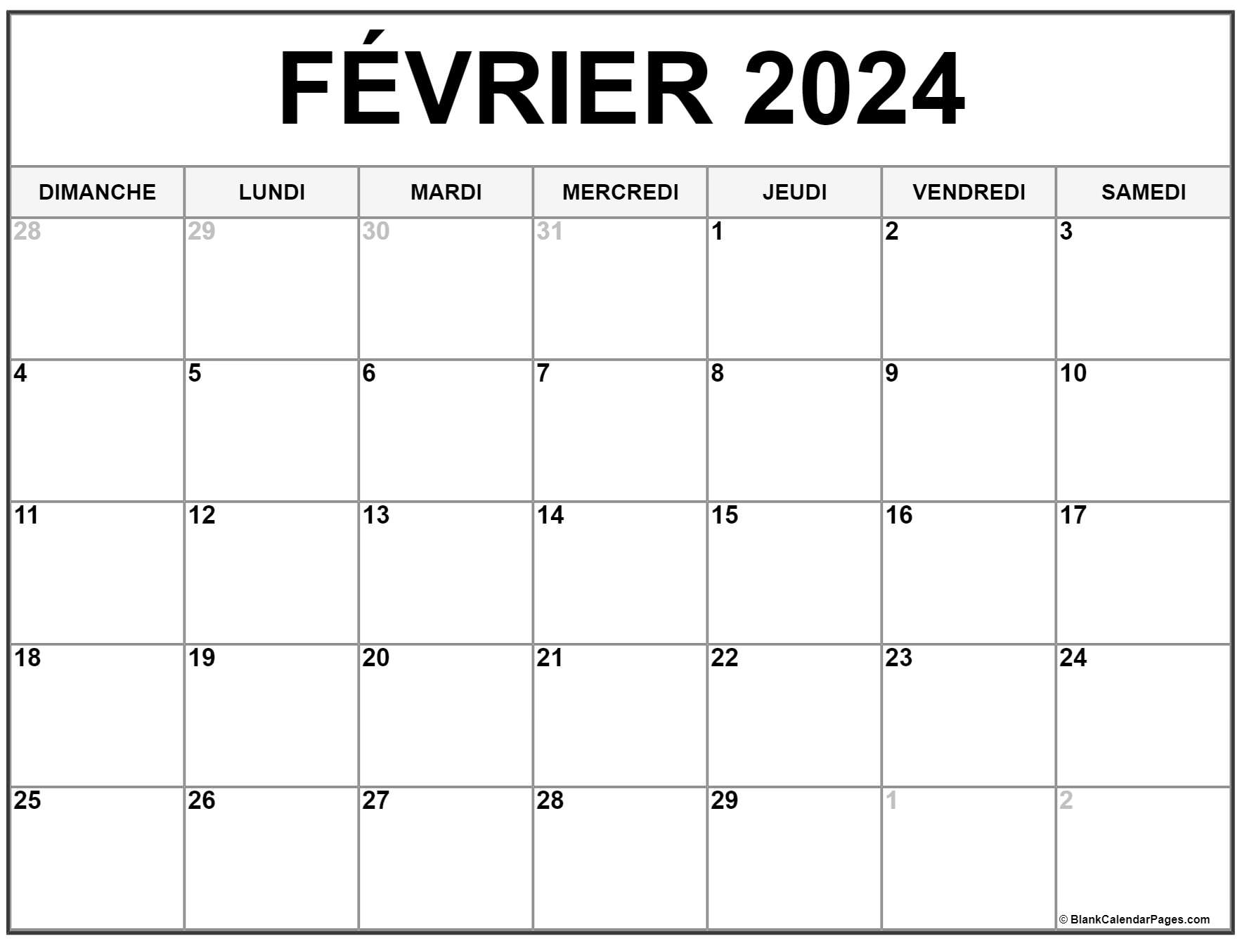 février 2024 calendrier imprimable