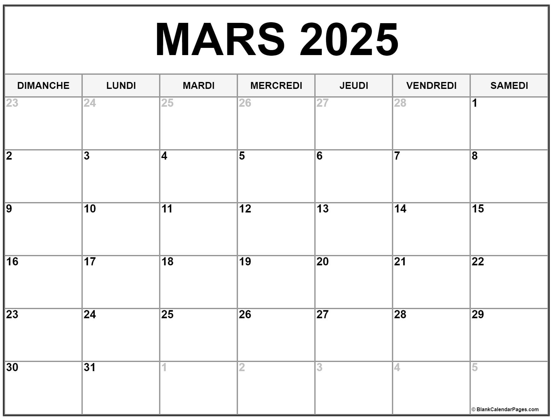 mars 2025 calendrier imprimable Calendrier gratuit