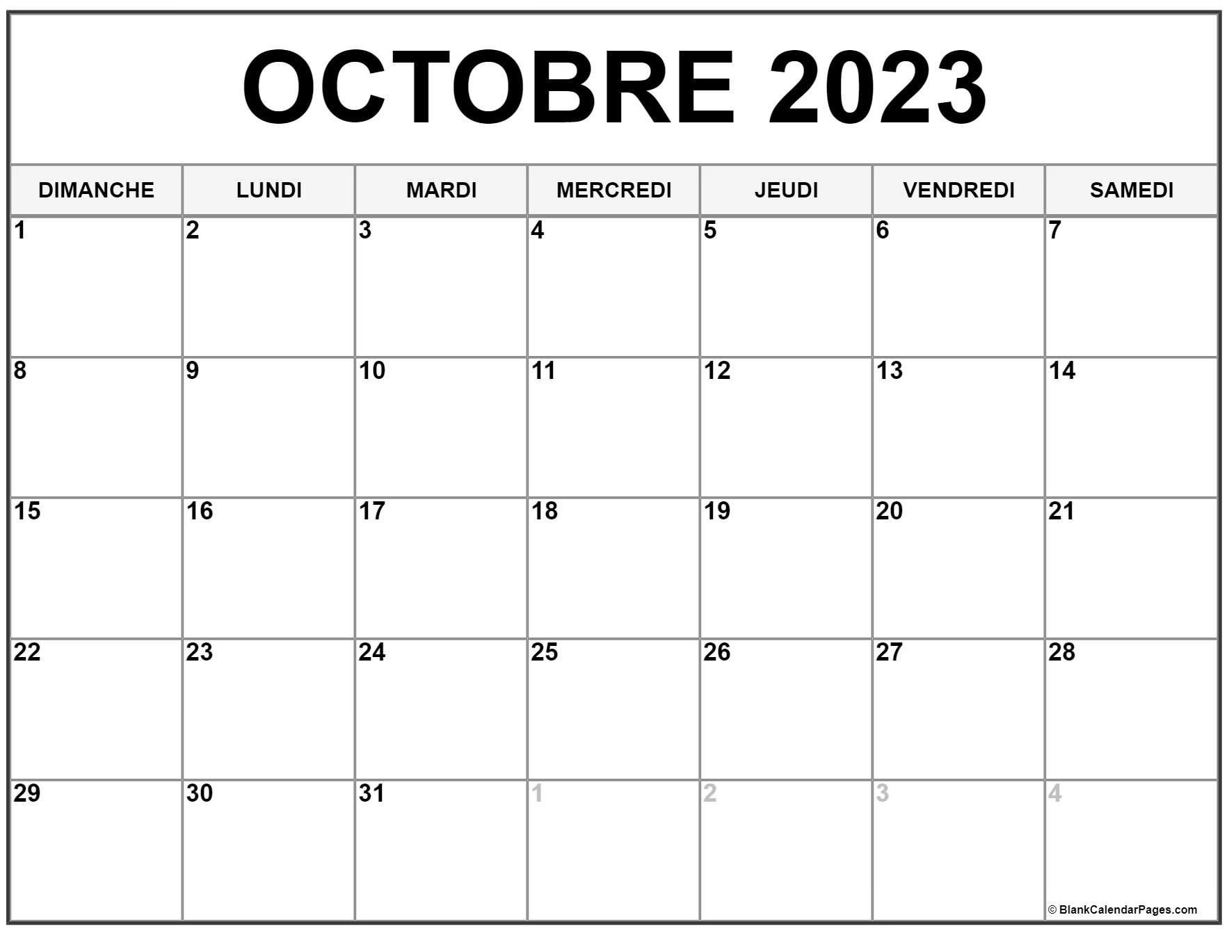 octobre 2023 calendrier imprimable | Calendrier gratuit
