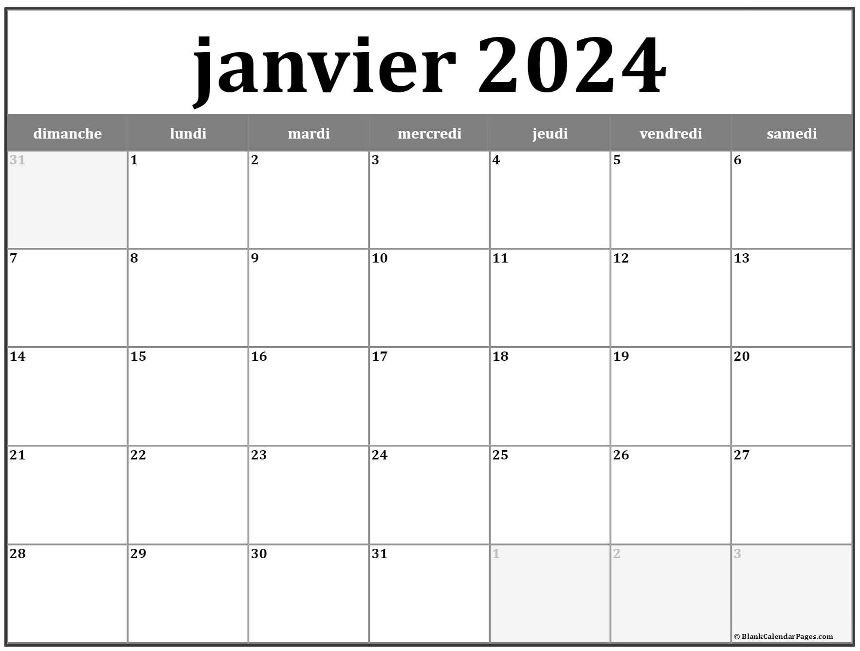 janvier 2024 calendrier imprimable | Calendrier gratuit