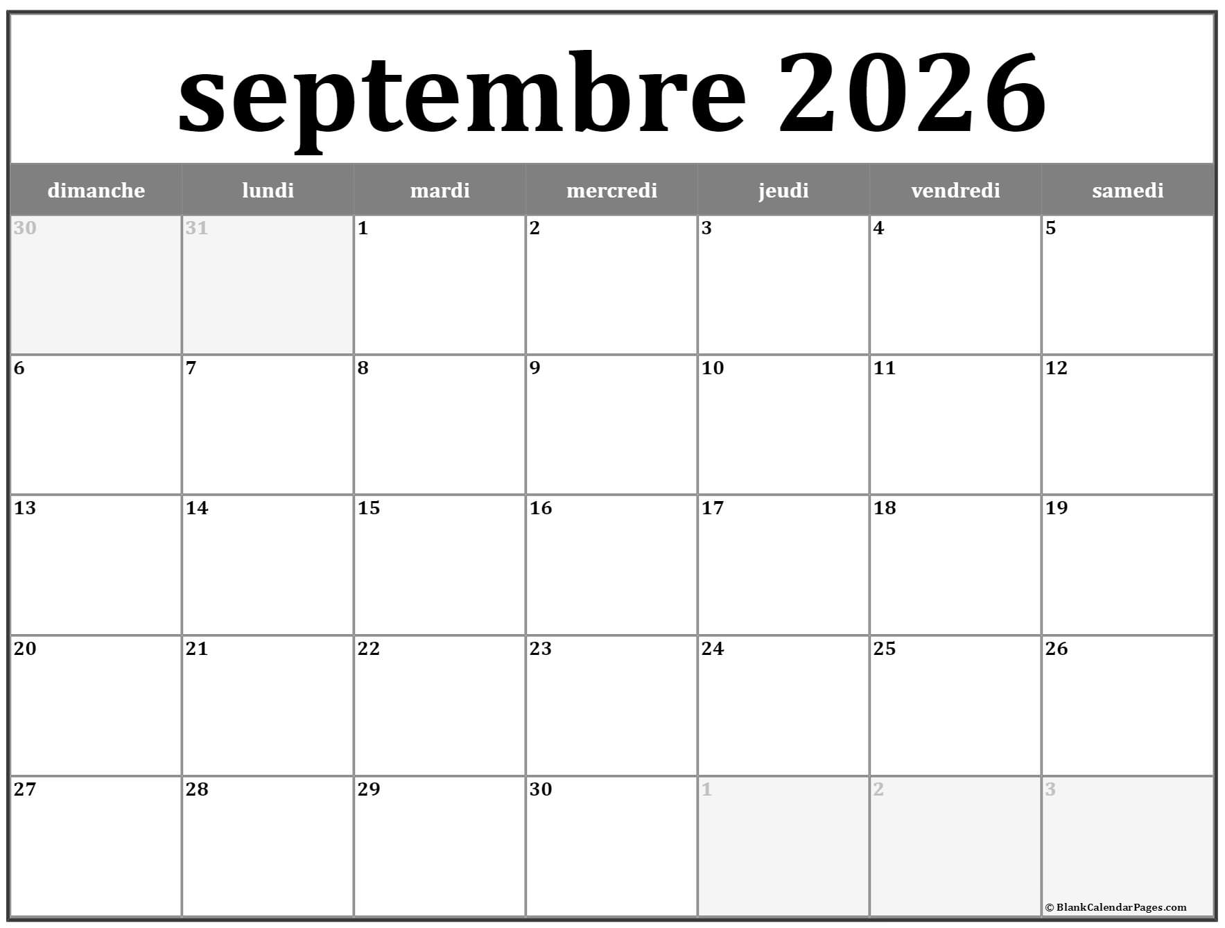 Septembre 2026 Calendrier Imprimable Calendrier Gratuit Septembre 2026 Calendrier Imprimable Calendrier Gratuit
