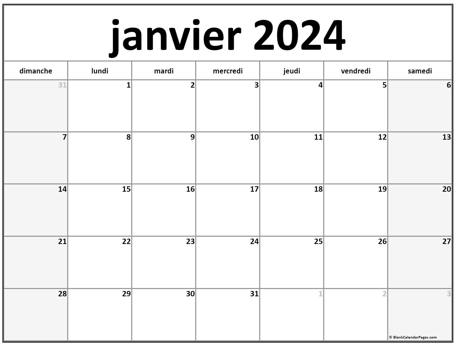 Calendrier Janvier 2024 à consulter, télécharger et imprimer