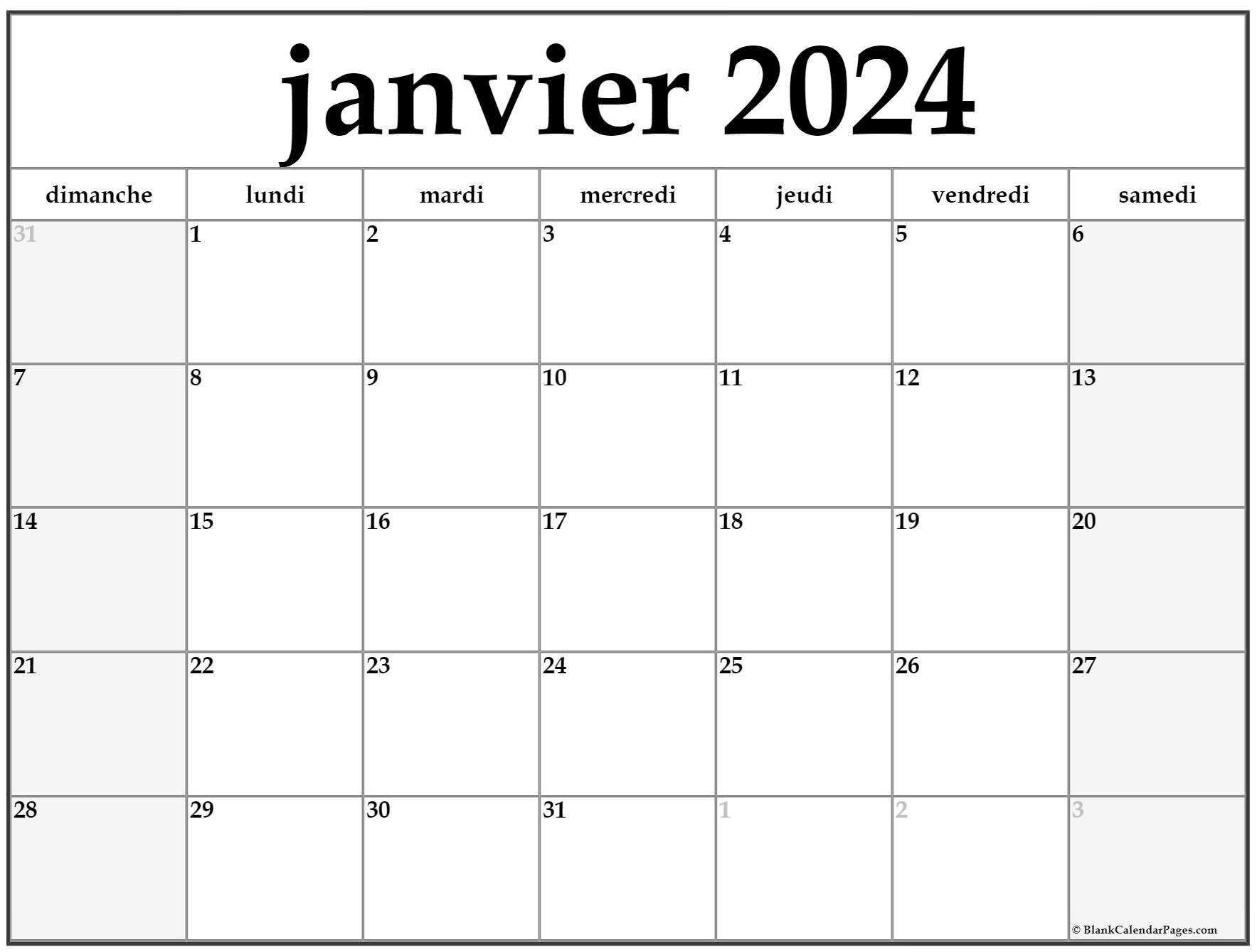 Modèle Calendrier mensuel de janvier 2024
