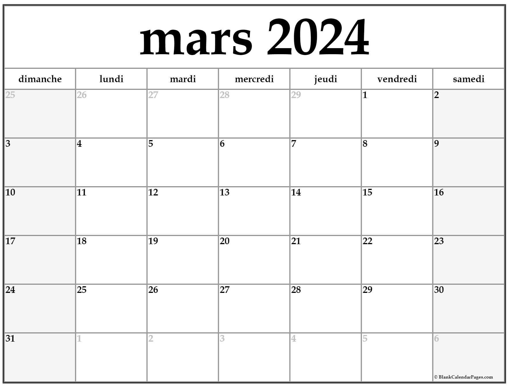 mars 2024 calendrier imprimable | Calendrier gratuit